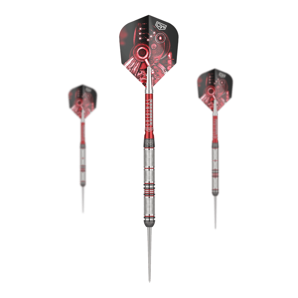 Stalowe lotki DW Piranha Razor 01 Das Bild zeigt drei Steeldarts des Produkts "DW Piranha Razor 01". Die Darts haben silberne Griffe mit roten Akzenten und Flights mit einem roten Zahnrad-Motiv.