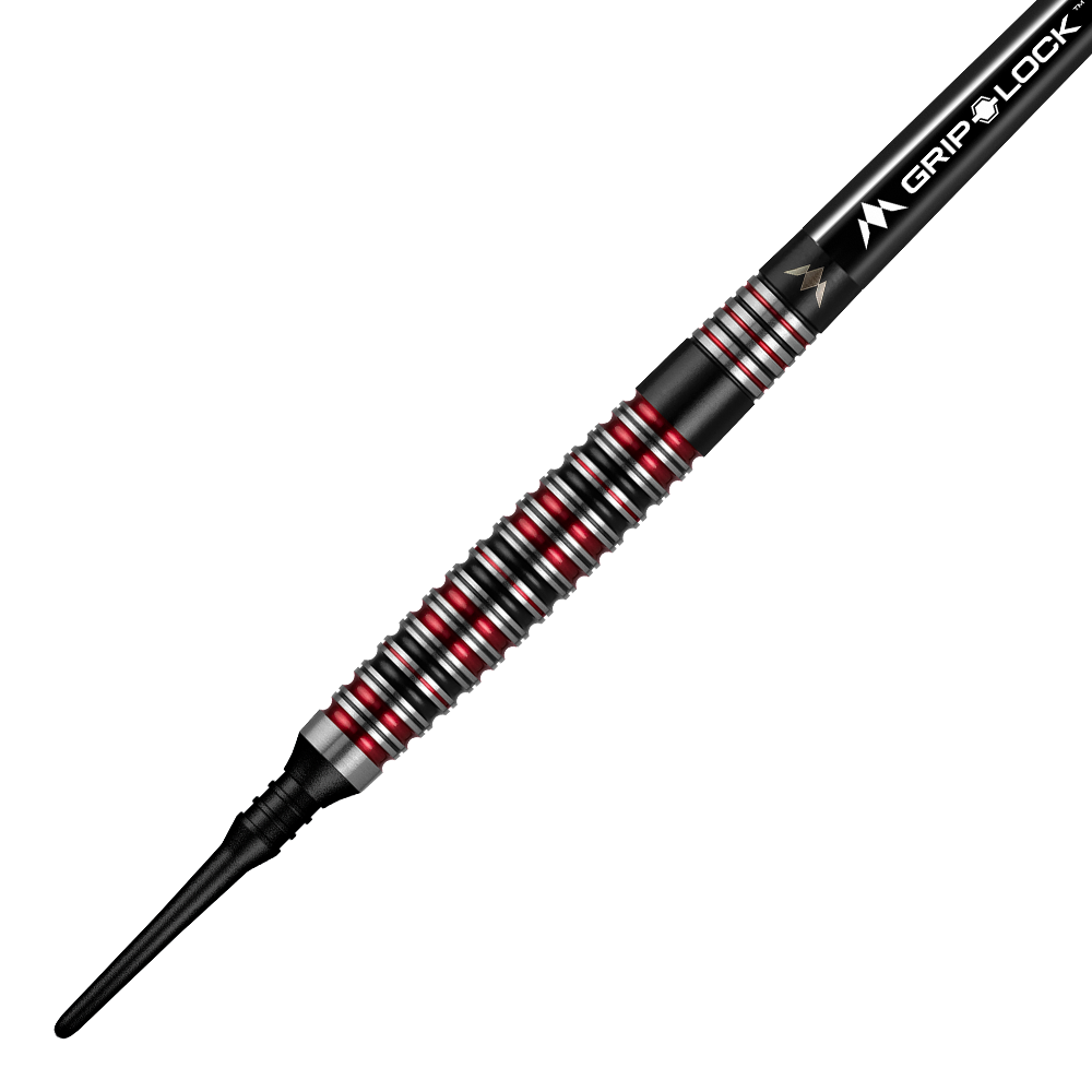 Das Bild zeigt einen Mission Red Dawn Model 3 Softdart mit einem Gewicht von 20 Gramm. Der Dart hat ein modernes Design mit schwarzen, silbernen und roten Akzenten.