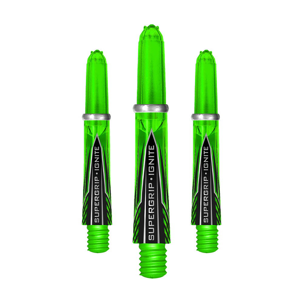 HR389_Harrows_Supergrip_Ignite_Shafts_Gr-n_33mm_1 Das Bild zeigt drei grüne Harrows Supergrip Ignite Shafts. Sie sind transparent und tragen den Aufdruck "SUPERGRIP IGNITE".