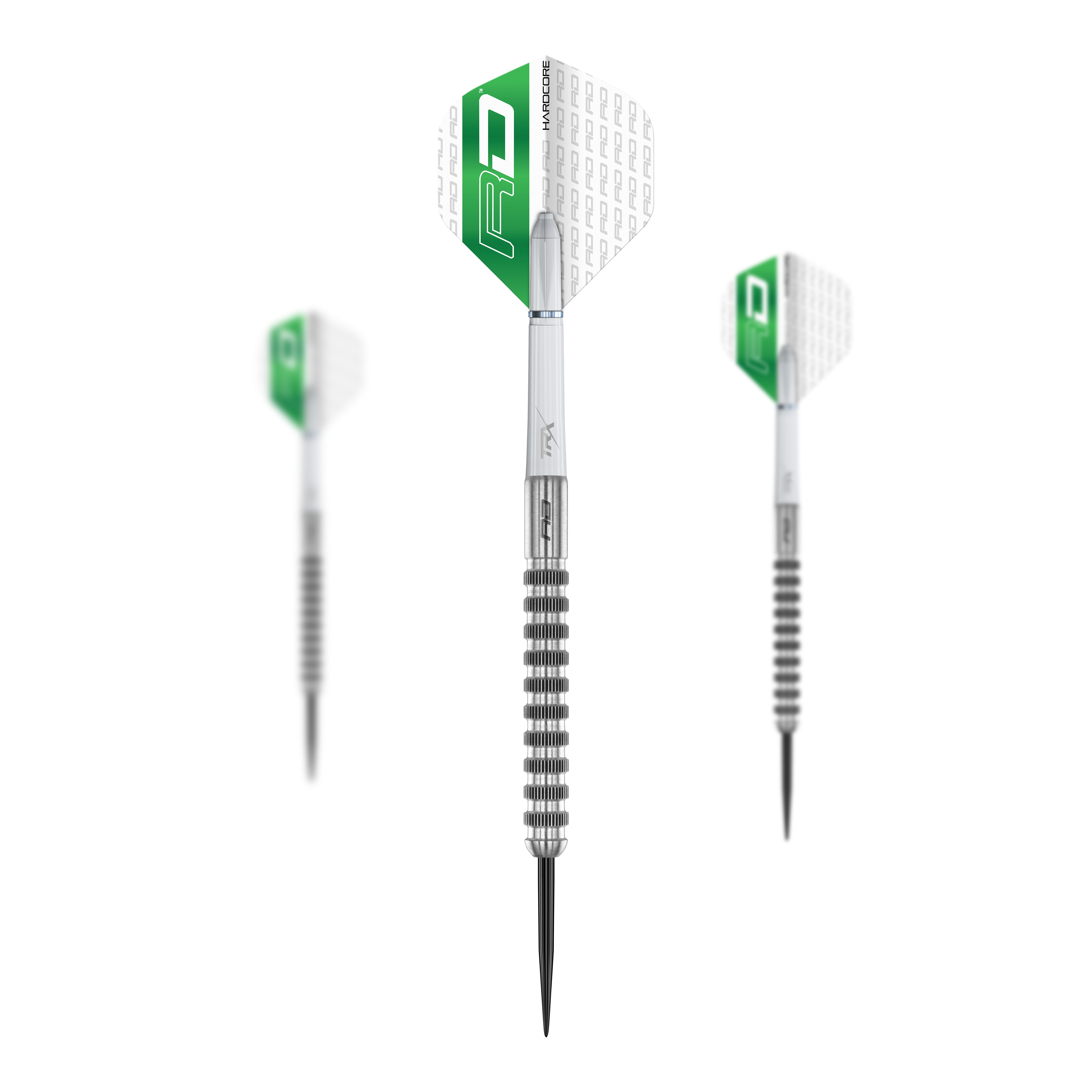 Stalowe lotki Red Dragon Javelin Speedline Das Bild zeigt drei Steeldarts des Produkts "Red Dragon Javelin Speedline". Die Darts haben silberne Spitzen und grün-weiße Flights mit dem RD-Logo.