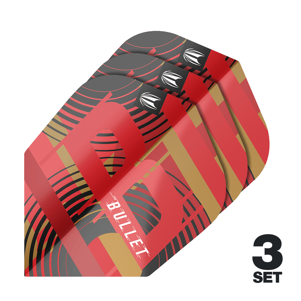 Lotki Target Pro Ultra Stephen Bunting GEN5 No6 - 3 zestawy Das Bild zeigt drei Sätze der Target Pro Ultra Stephen Bunting GEN5 No6 Flights. Die Flights sind rot, schwarz und gold gefärbt und tragen das Wort "BULLET".
