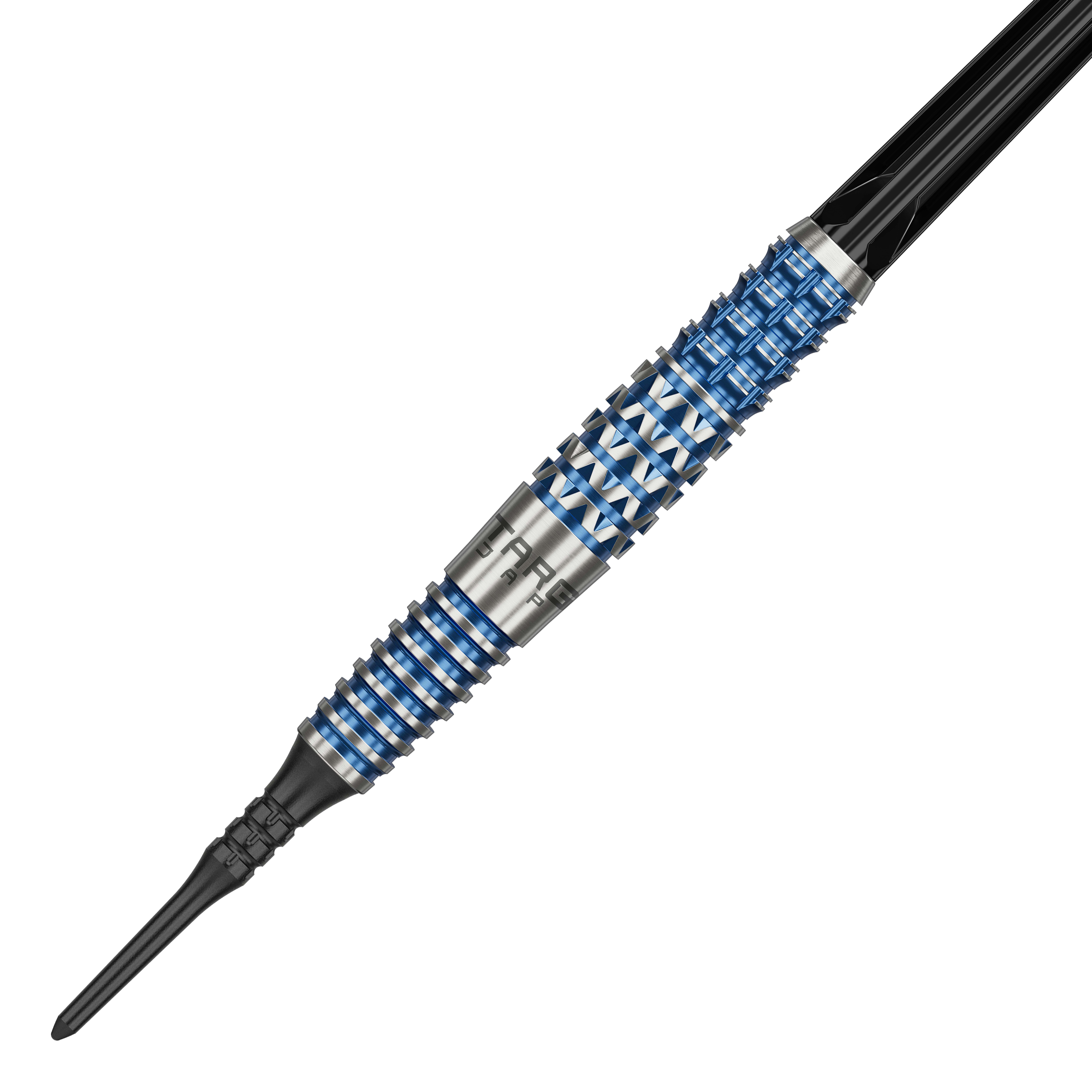 Dies ist ein Softdart namens "Target Japan Toru Suzuki Sereno GEN2 Softdarts - 20g". Der Dartpfeil hat ein silbernes und blaues Rillendesign mit schwarzen Elementen.