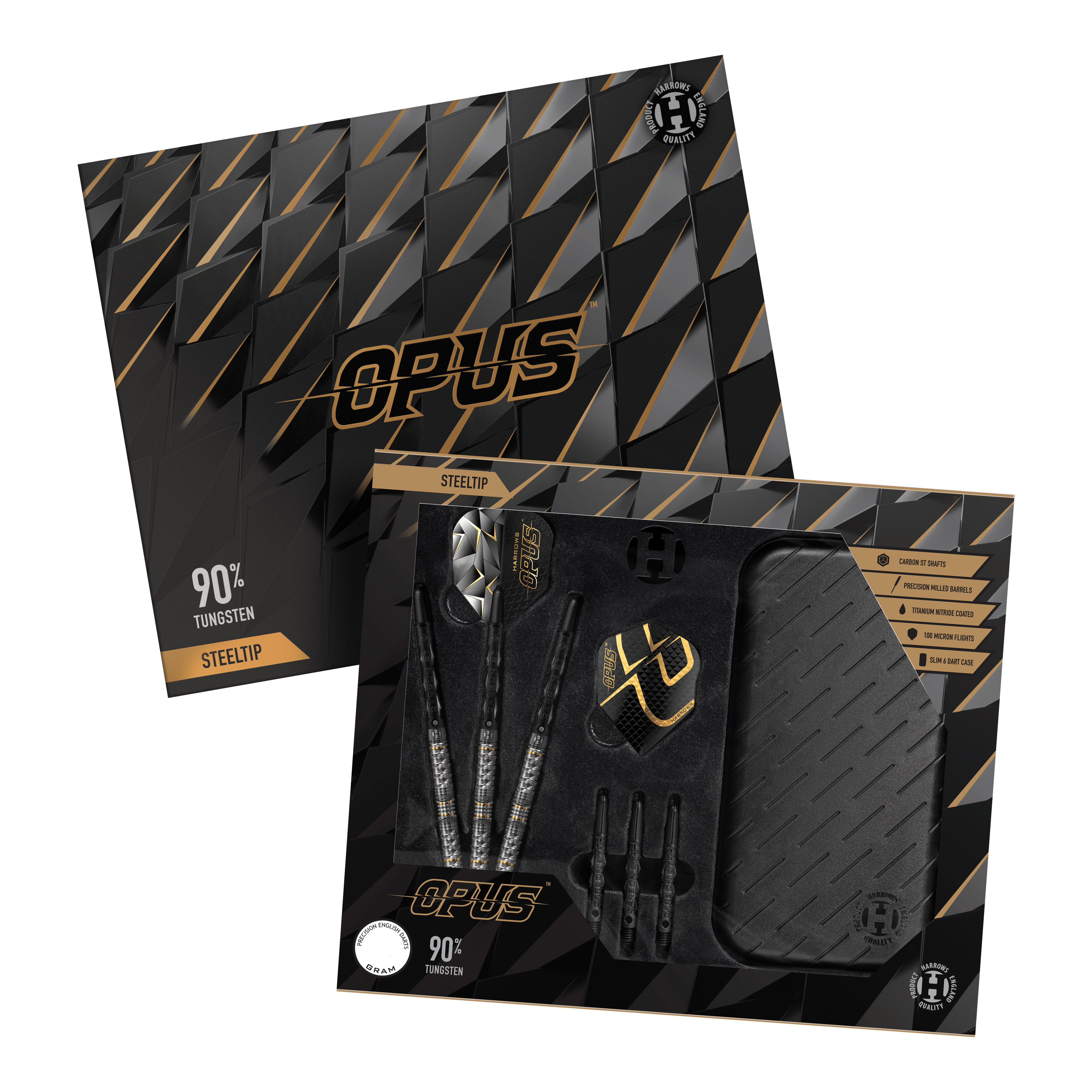 Harrows Opus Steeldarts Das Bild zeigt das Produkt "Harrows Opus Steeldarts" in einer eleganten, schwarz-goldenen Verpackung. Im Inneren sind die Steeldarts, Flights, Shafts und ein Dartcase sichtbar angeordnet.