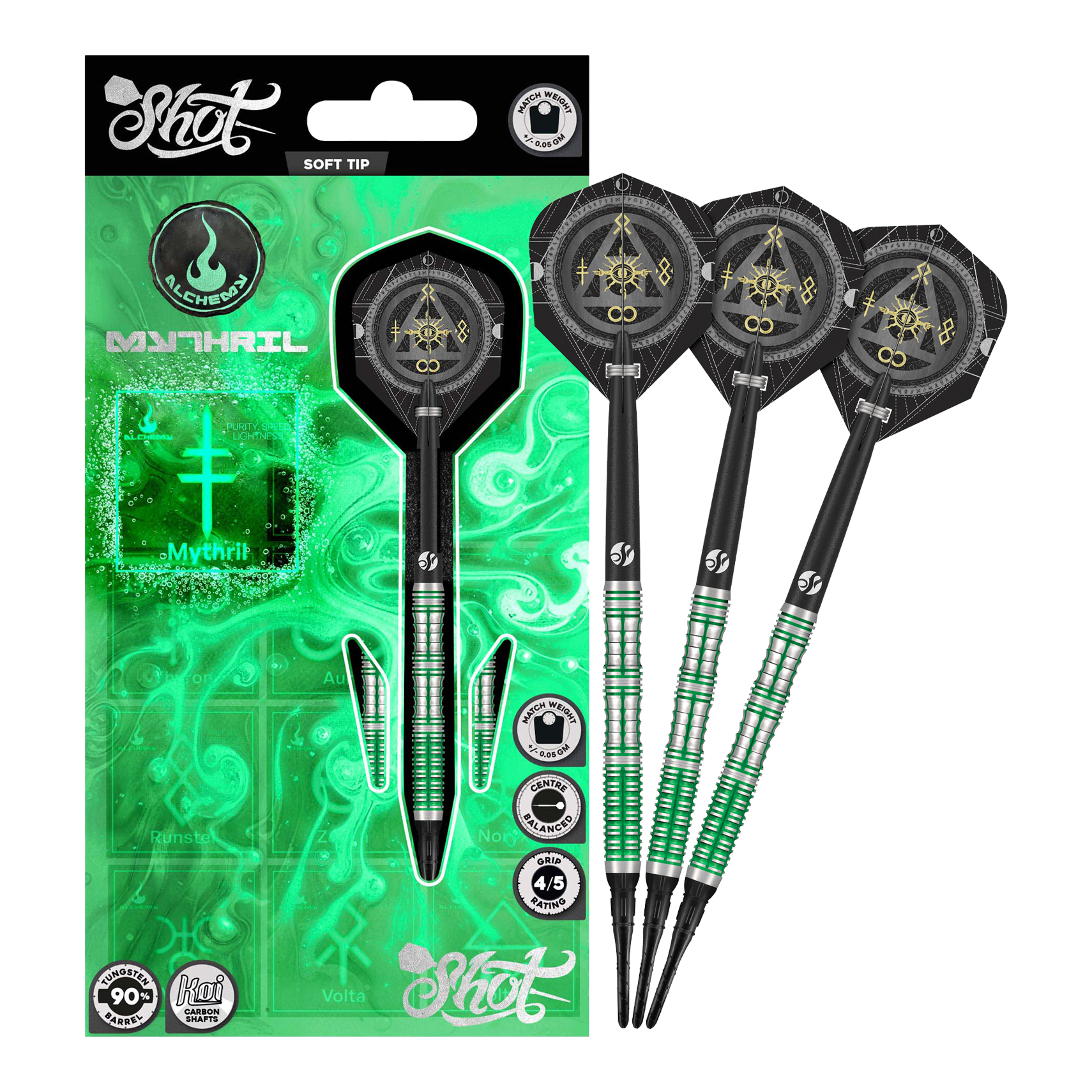 Abgebildet sind die Shot Alchemy Mythril Softdarts - 20g in voller Ansicht. Das Produkt wird komplett dargestellt.