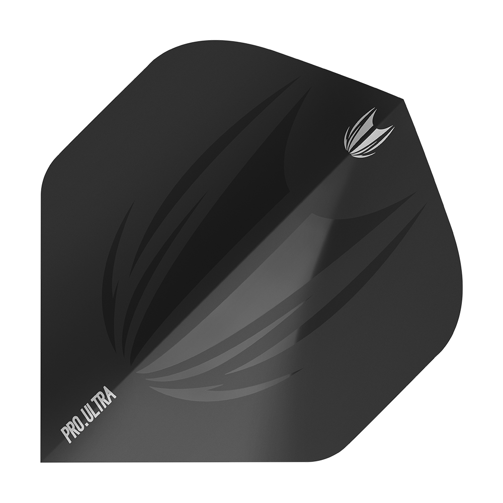 TG408_Target_ProUltra_ID_Black_No2_Standard_Flights_1 Das Bild zeigt das Produkt "Target ProUltra ID Black No2 Standard Flights". Es handelt sich um ein schwarzes Dart-Flügel mit dezentem Muster und weißem "PRO ULTRA"-Schriftzug.