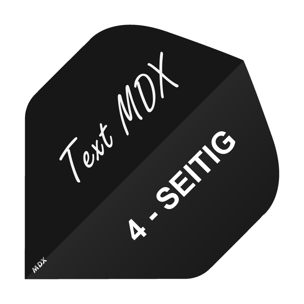 4-Seitig_Bedruckte_Flights_Wunschtext_MDX_Schwarz_Standard_1 Das Bild zeigt ein schwarzes Flight, das mit weißer Schrift bedruckt ist. Auf dem Flight steht „Text MDX“ und „4-SEITIG“.