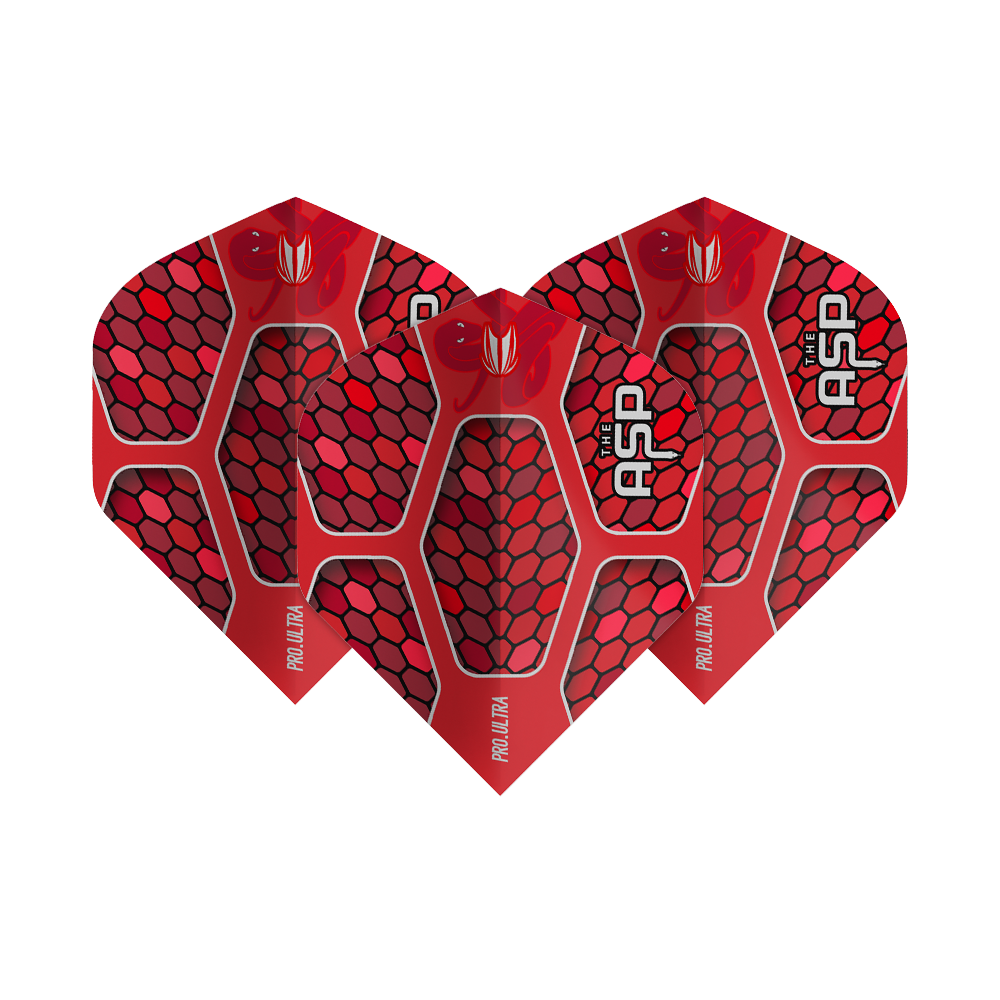 TG387_334450_Target_ProUltra_Nathan_Aspinall_Red_No2_Standard_Flights_1SjuyQK3uki7M6 Auf dem Bild sind drei rote Dart-Flights mit Wabenmuster und der Aufschrift "THE ASP" sowie "PRO ULTRA" zu sehen. Es handelt sich um das Produkt "Target ProUltra Nathan Aspinall Red No2 Standard Flights".