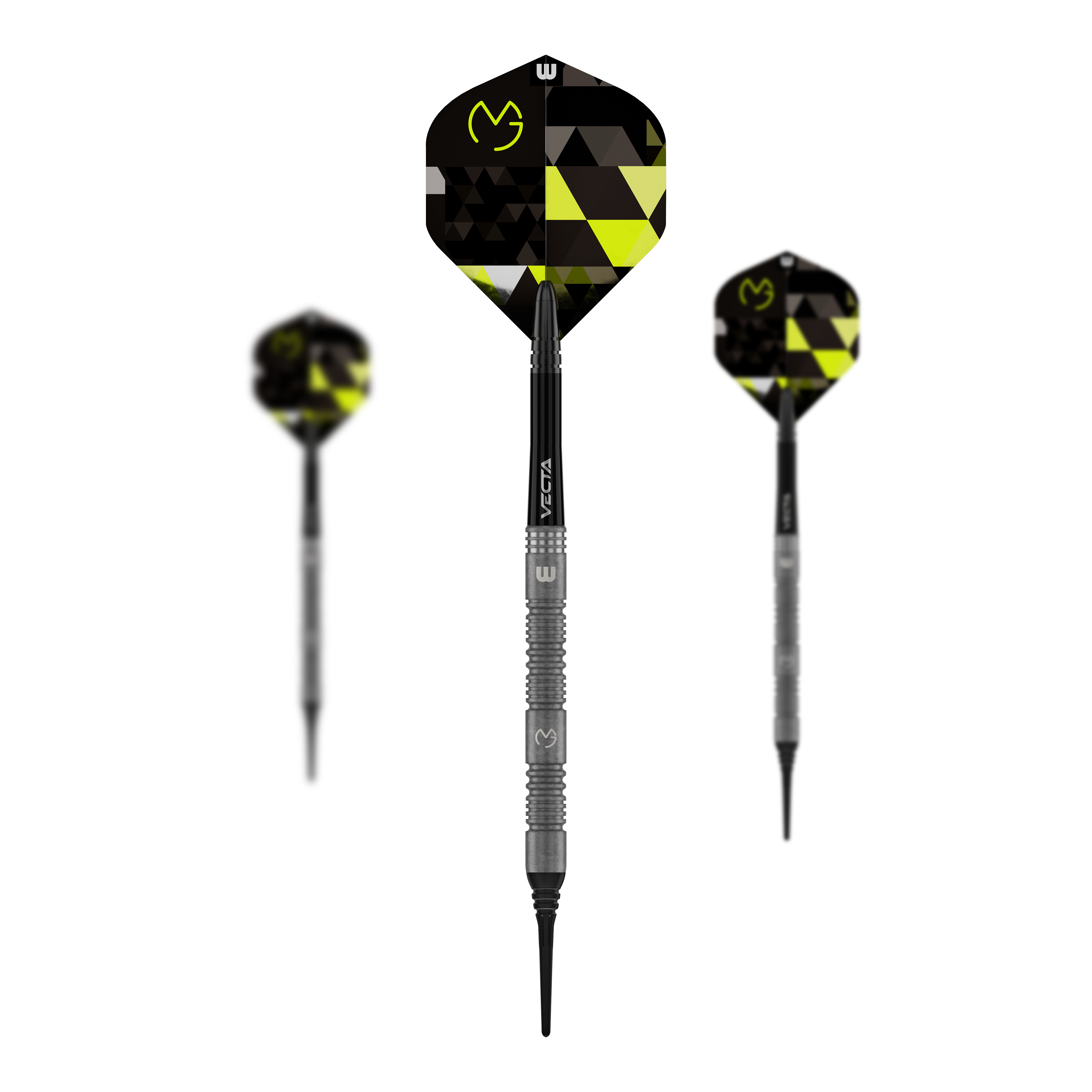 Miękkie rzutki Winmau Michael Van Gerwen TS - 18g Zu sehen ist ein Set Winmau Michael Van Gerwen TS Softdarts - 18g. Enthalten sind mehrere Pfeile.