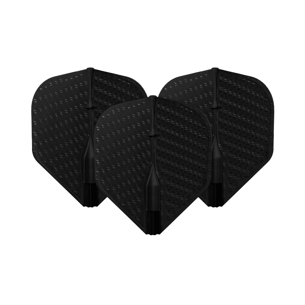 Loty w stylu L Dimple Champagne L1EZ Standard Auf dem Bild sind drei schwarze Dart-Flights mit Dimple-Oberfläche zu sehen. Sie stehen nebeneinander und sind identisch geformt.