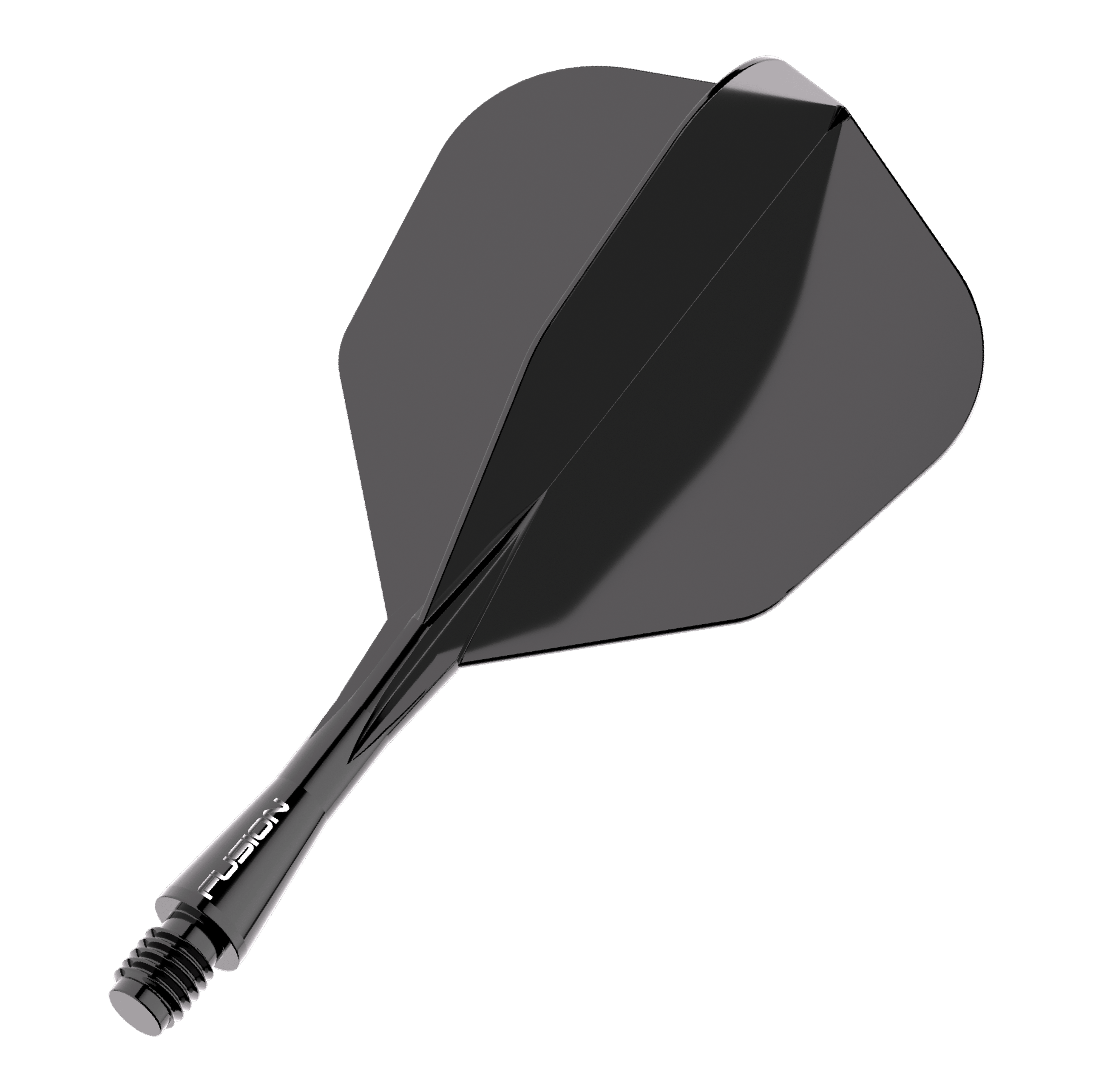 Winmau Fusion Flight Shaft System nr 6 czarny Das Bild zeigt ein schwarzes Dart Flight-Schaft-System. Es trägt den Schriftzug "FUSION" auf dem Schaft und hat eine glänzende Oberfläche.