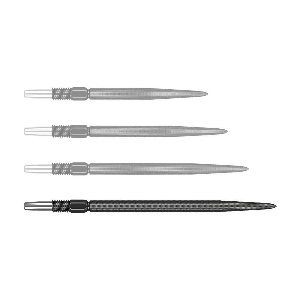 Końcówki do rzutek Target Swiss Point Nano Dart - czarne Auf dem Bild sind vier schwarze Dartspitzen nebeneinander angeordnet. Die Spitzen haben einen silbernen Ansatz und einen geriffelten Schaft.