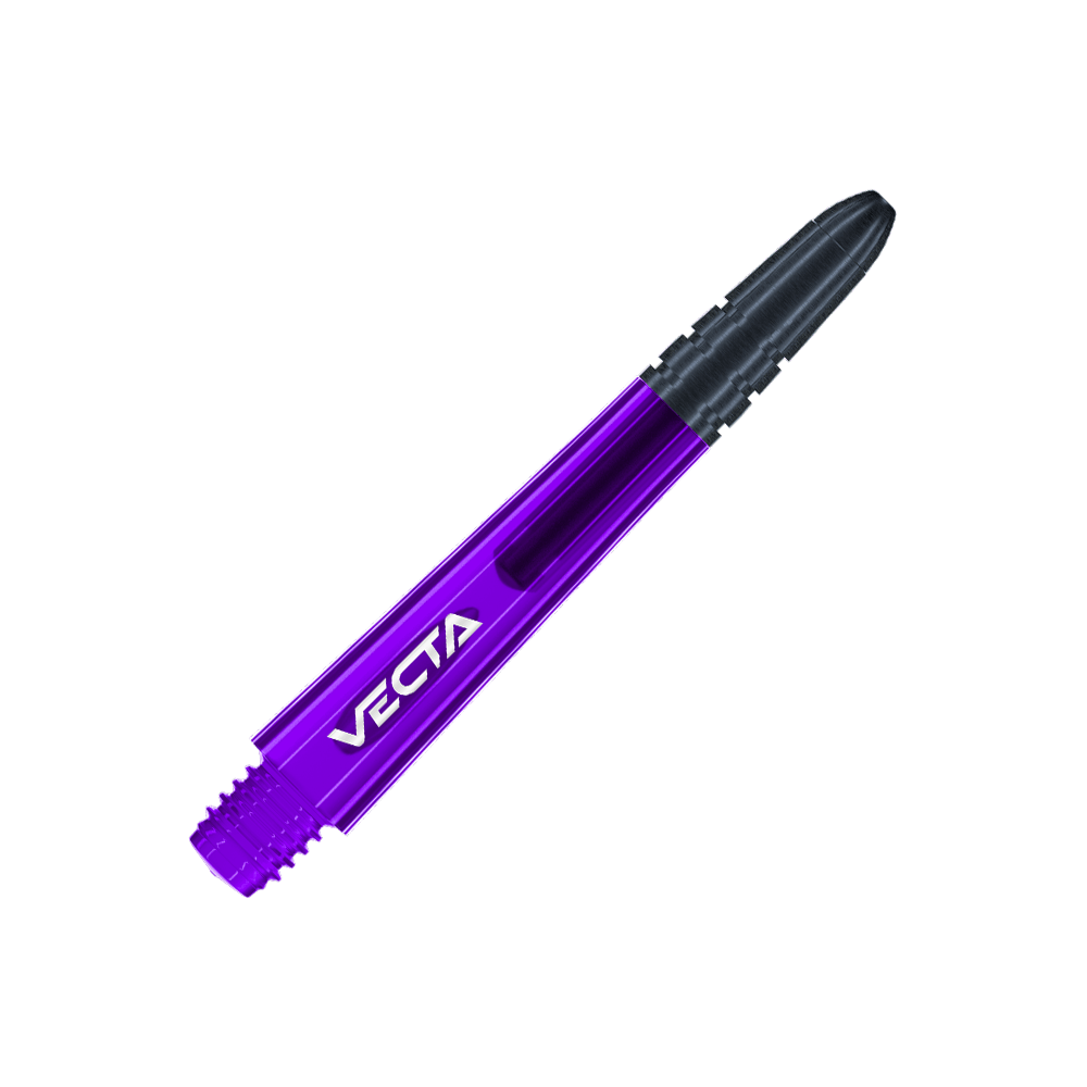 Winmau Vecta Shafts - fioletowo-czarne Das Bild zeigt einen lila und schwarzen Dart-Schaft mit der Aufschrift "VECTA". Der Schaft hat ein glattes, modernes Design und misst 37 mm.