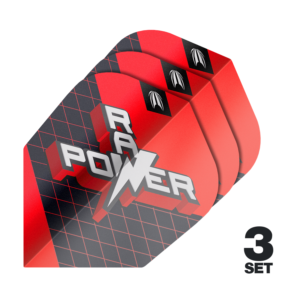 Das Bild zeigt drei Sets der Target Pro Ultra Phil Taylor Power 9Five GEN11 No6 Flights. Die Flights sind überwiegend rot und schwarz gestaltet und tragen die Aufschrift "RAY POWER".