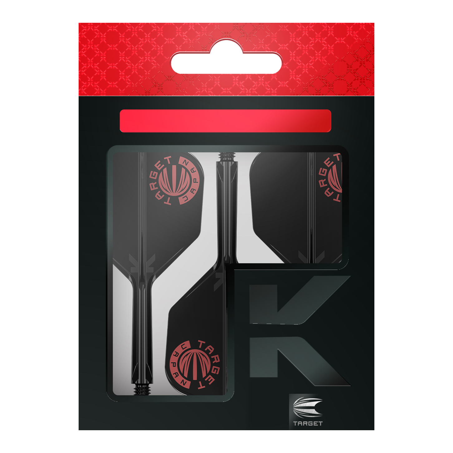 Target Japan K-Flex Oryginalne logo Czerwony Czarny System wału napędowego nr 6 Das Bild zeigt die Verpackung des Produkts "Target Japan K-Flex Original Logo Red Black No6 Flight-Shaft-System". Die Verpackung ist schwarz mit roten Akzenten und dem Target-Logo sichtbar.