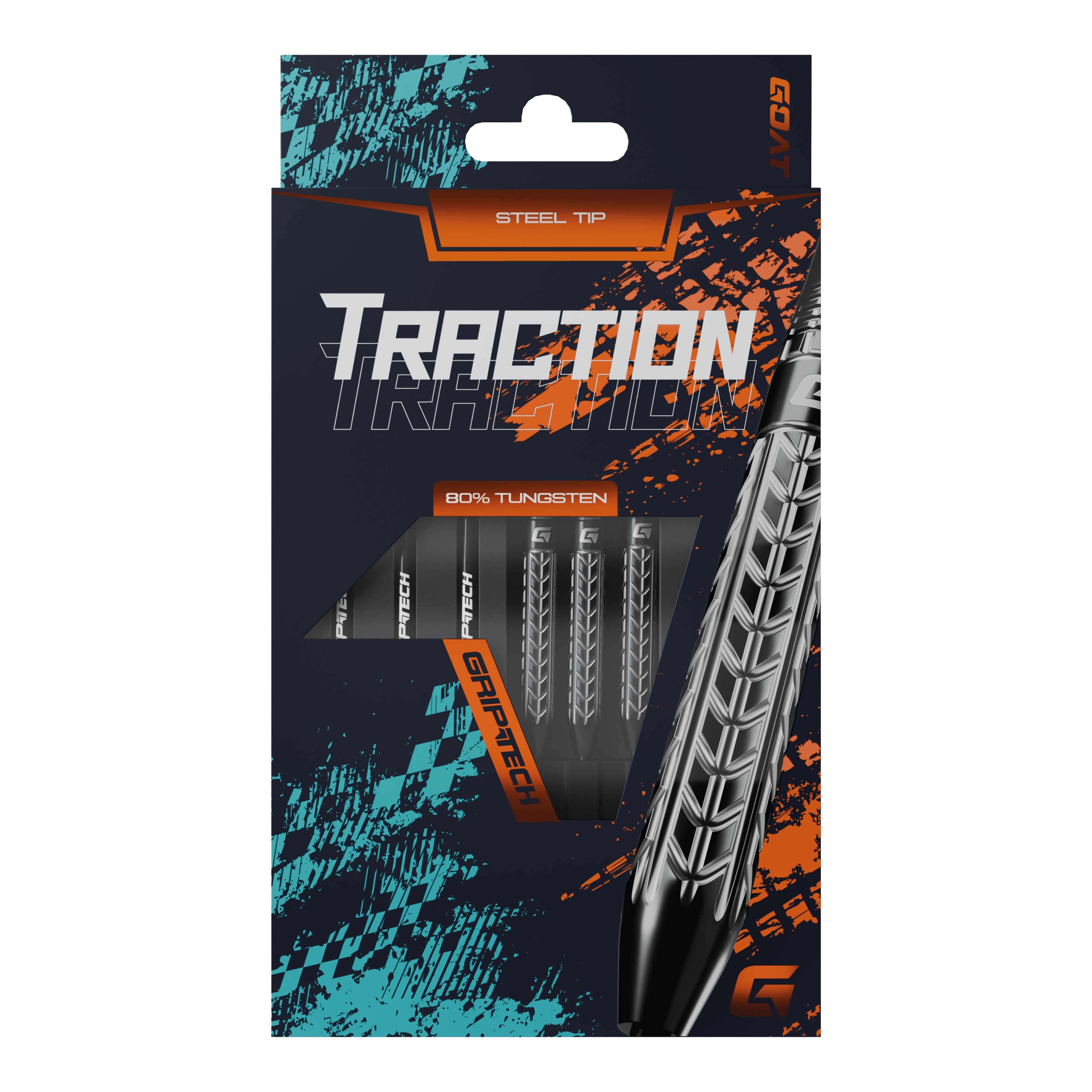 Lotki GOAT Traction ze stali wolframowej Die Abbildung zeigt die Verpackung der "GOAT Traction Tungsten Steeldarts" mit Stahlspitzen. Auf der Vorderseite ist das auffällige Design und der Hinweis auf 80% Tungsten sowie GRIPTECH deutlich sichtbar.