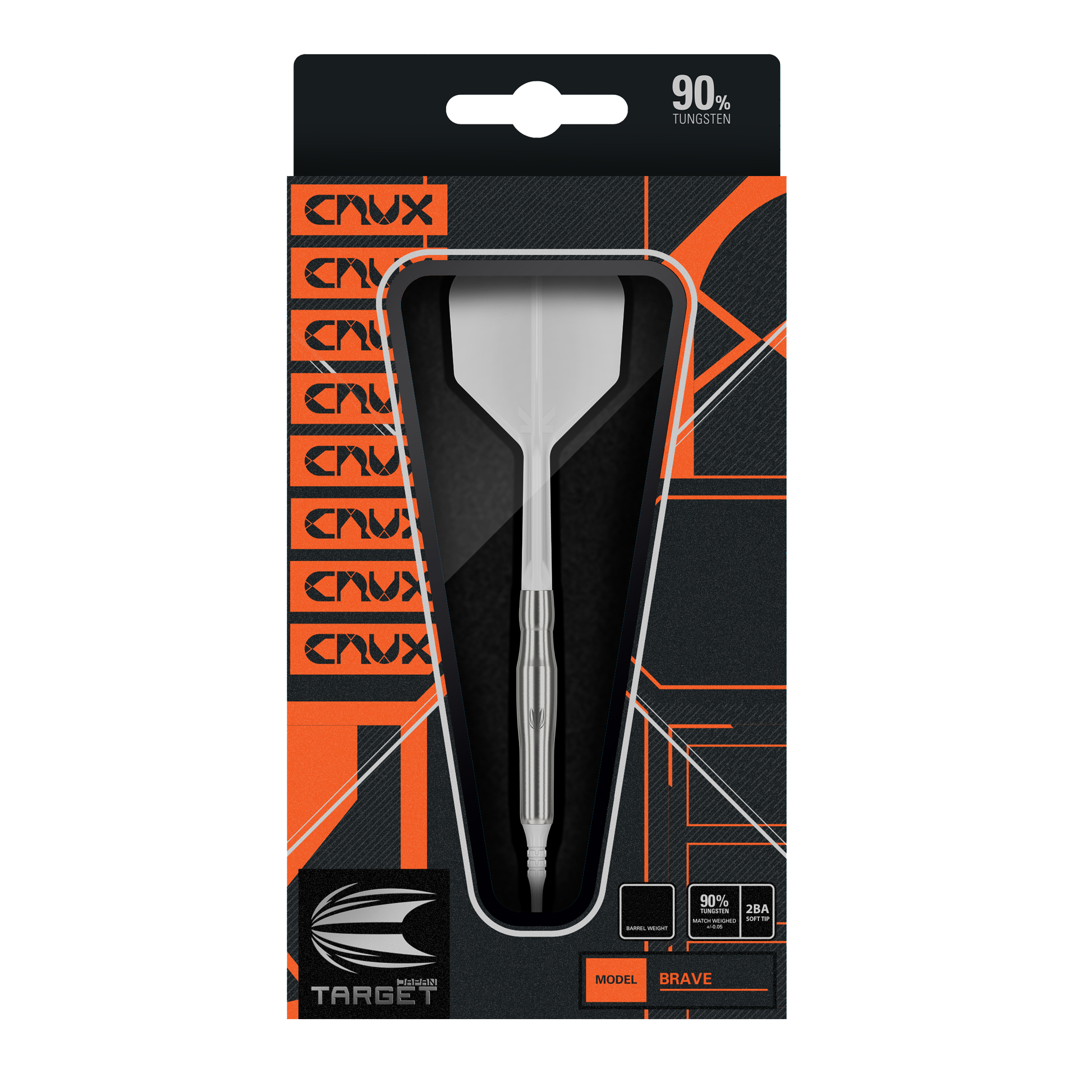 Target Japan Crux Brave Soft Darts - 18,5 g Das Bild zeigt die Verpackung des Produkts "Target Japan Crux Brave Softdarts - 18,5g". Der Dartpfeil ist gut sichtbar in einer schwarzen und orangefarbenen Box präsentiert.