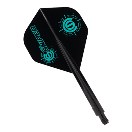 Condor AXE The Sniper Flight-System - Standard Das Bild zeigt das Produkt "Condor AXE The Sniper Flight-System - Standard". Es handelt sich um ein schwarzes Dart-Flight-System mit türkisfarbenen Logos und der Aufschrift "Sniper".