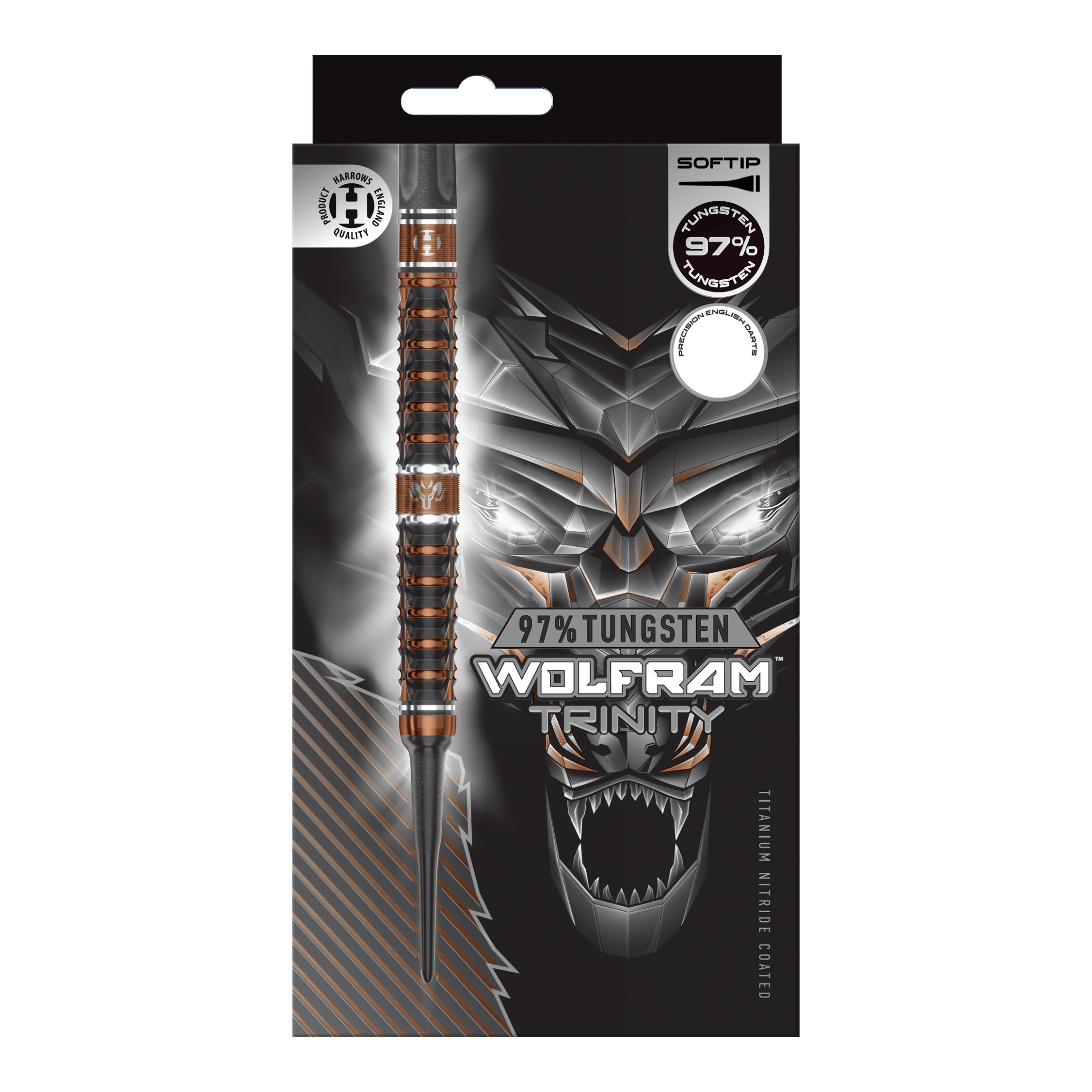 Harrows Wolfram Trinity Softdarts werden auf dem Bild gezeigt. Es handelt sich um spezielle Softdarts für Dartspieler.