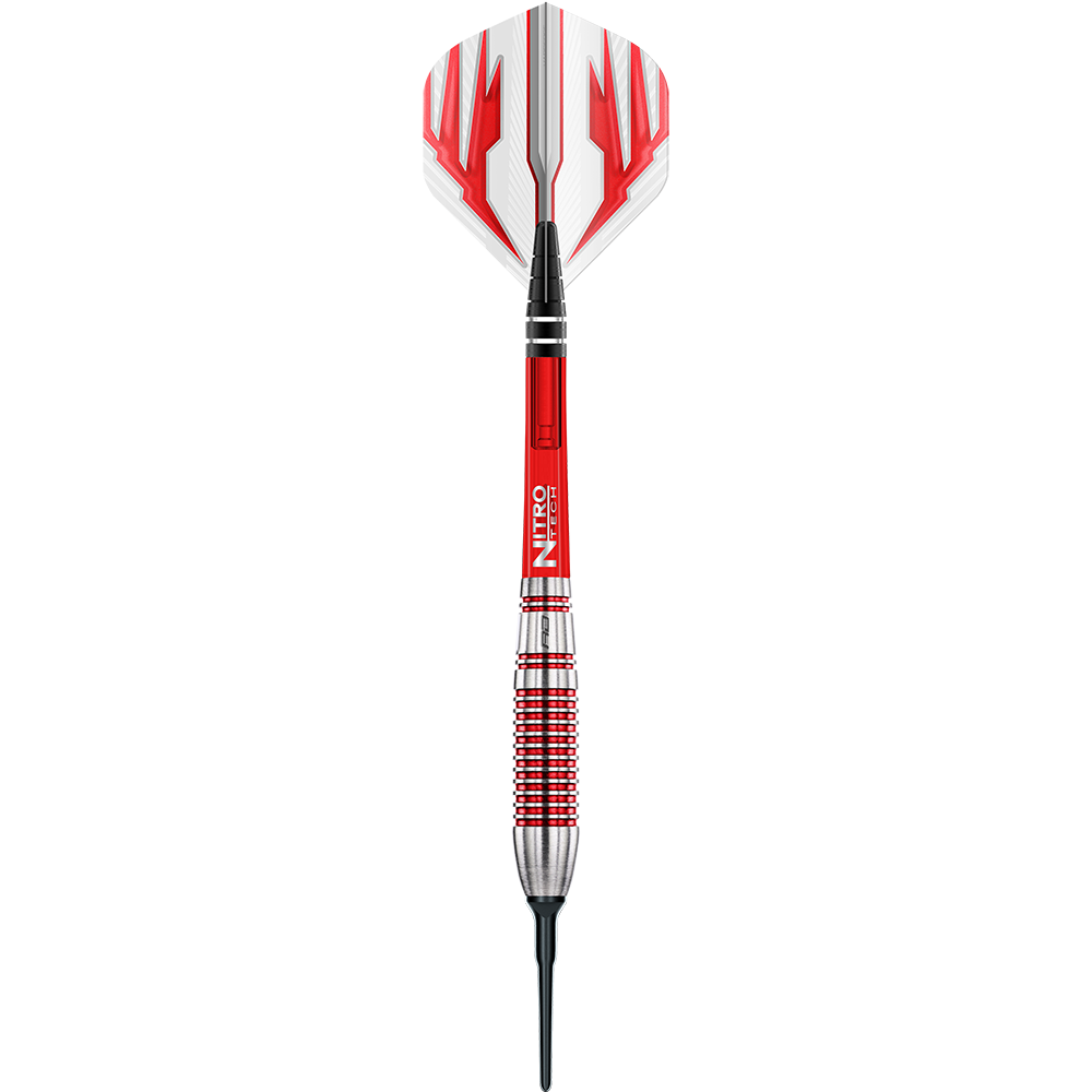 Das Bild zeigt einen Red Dragon Reflex Softdart mit einem Gewicht von 22 Gramm. Der Dart hat ein auffälliges Design in Rot, Silber und Weiß.