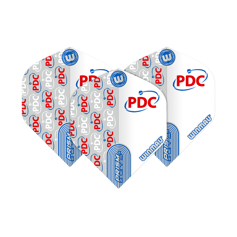 Das Bild zeigt eine Packung Winmau Prism Zeta PDC White Standard Flights. Die Flights sind überwiegend weiß mit blauen und roten PDC-Logos bedruckt.