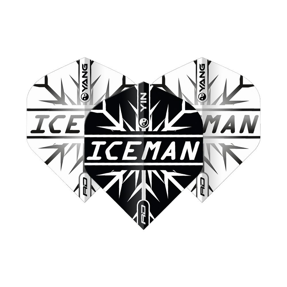 Red Dragon Gerwyn Price Iceman Czarno-Biały Yin Yang Standardowe Loty Das Bild zeigt Dart-Flights in einem Yin-Yang-Design in Schwarz und Weiß mit dem Schriftzug "ICEMAN" in der Mitte. Das Muster erinnert an Eiskristalle und trägt das Markenlogo "Red Dragon".