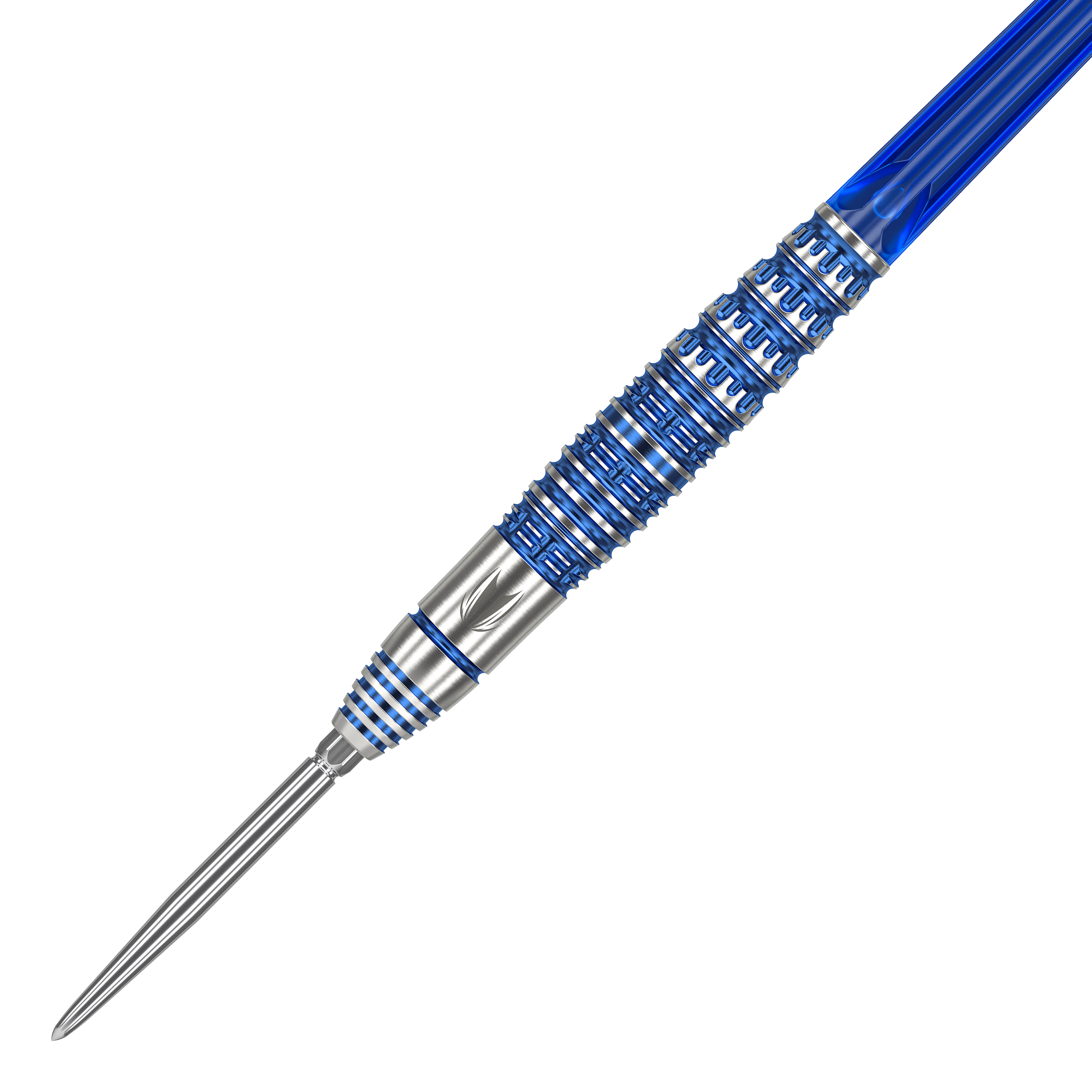 Das Bild zeigt einen Target Japan Toru Suzuki Sereno GEN1 Swiss Point Steeldart mit 21g Gewicht. Der Dartpfeil ist silberfarben mit blauen Akzenten und hat ein auffälliges Rillenmuster am Barrel.