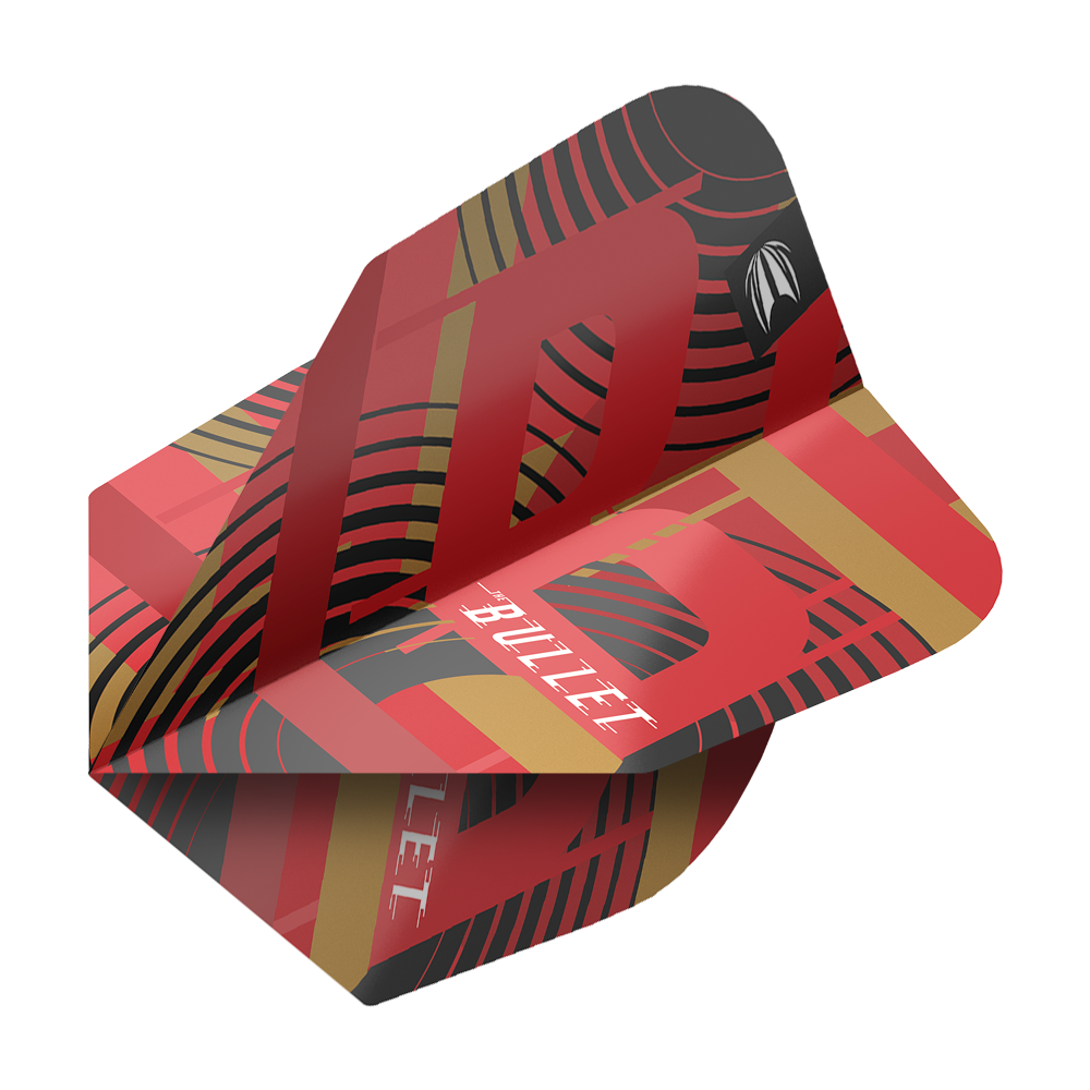 Lotki Target Pro Ultra Stephen Bunting GEN5 No6 - 3 zestawy Das Bild zeigt ein Dartflight aus der Serie "Target Pro Ultra Stephen Bunting GEN5 No6". Das Flight ist rot mit schwarzen und goldenen Akzenten und trägt die Aufschrift "BULLET".