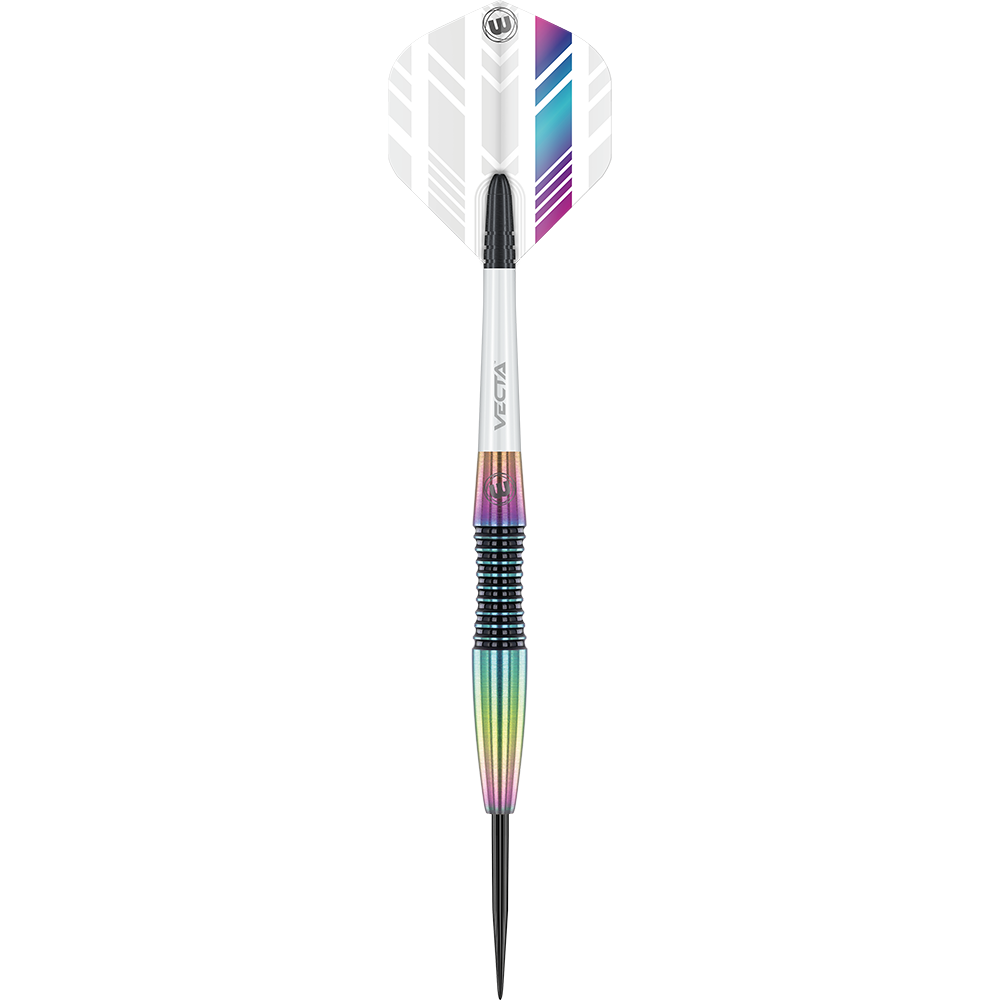 1451_Winmau_Elektra_Steeldarts_1k37Ld7xdjK6ib Das Bild zeigt einen Winmau Elektra Steeldartpfeil. Der Dart hat ein bunt-schimmerndes Barrel und einen weißen Flight mit violetten und blauen Streifen.