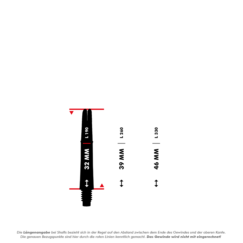 Dwukolorowe wałki L-L-Style-Shaft Locked Straight Natural9 - niebieskie Das Bild zeigt die Maße eines Shafts, wobei die Länge zwischen dem Ende des Gewindes und der oberen Kante gemessen wird. Die genauen Längenpunkte sind durch rote Linien markiert und das Gewinde wird nicht mit einberechnet.