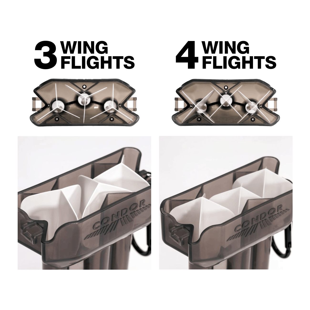 Futerał na lotki Condor DUAL Das Bild zeigt das Produkt "Condor DUAL Dartcase" mit Platz für entweder 3-Flügel- oder 4-Flügel-Dartflights. Es veranschaulicht, wie die jeweiligen Flights ordentlich im Case verstaut werden können.