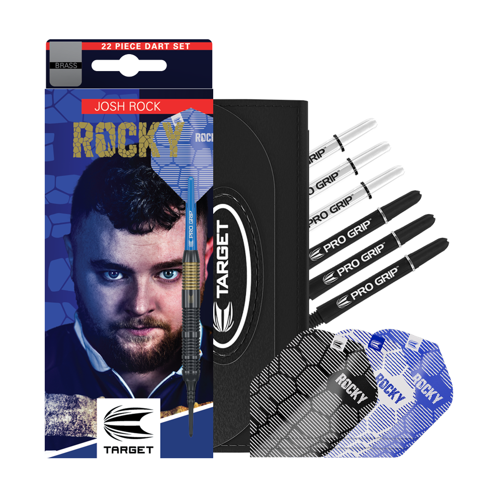 Target Josh Rock Brass Soft Darts - 18g Das Bild zeigt das Produkt "Target Josh Rock Brass Softdarts - 18g" mit Zubehör wie Flights und Shafts. Auf der Verpackung ist ein Porträt sowie der Name des Spielers Josh Rock zu sehen.