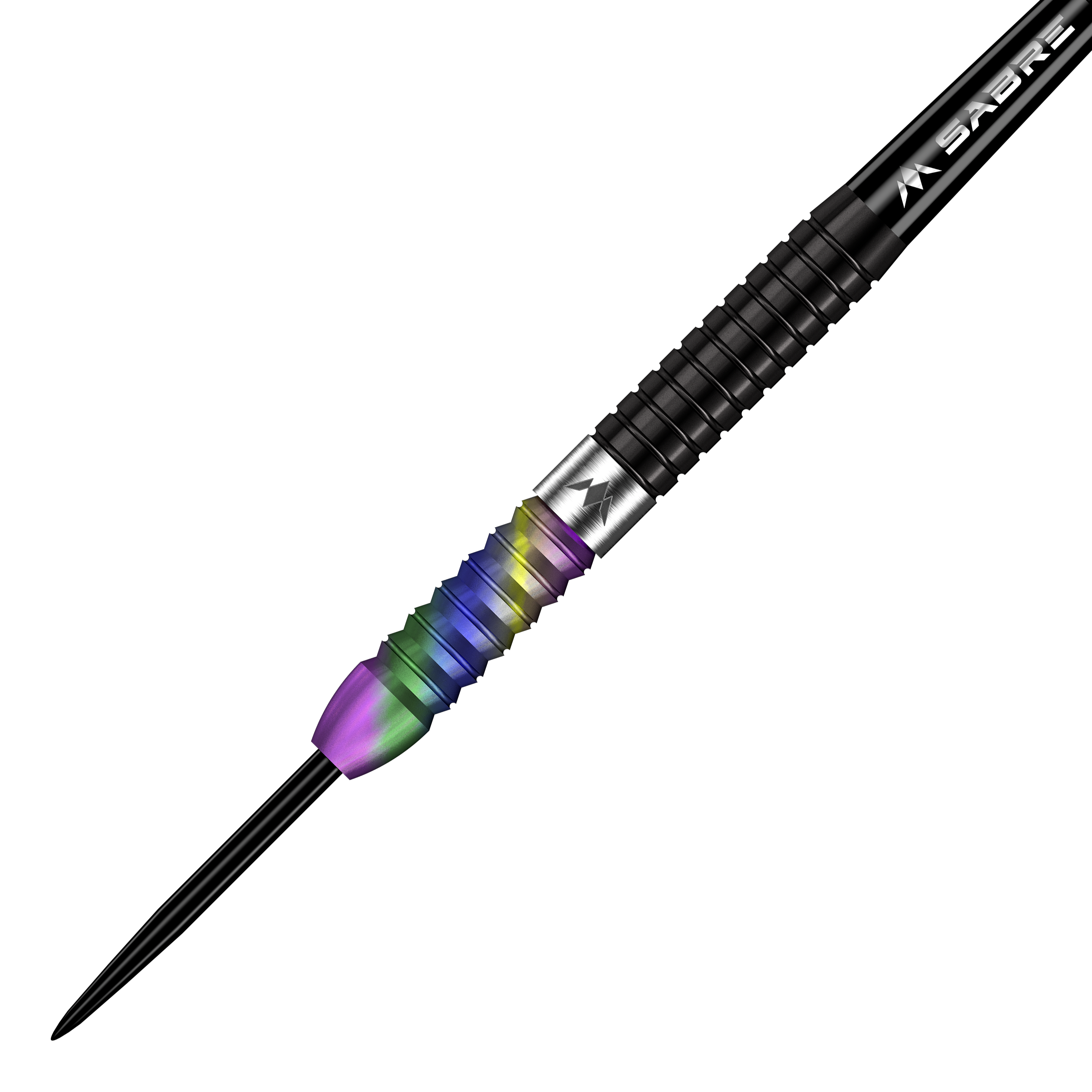 Misja Matt Edgar Steeldarts Das Bild zeigt einen Mission Matt Edgar Steeldart mit einem bunten, regenbogenfarbenen Griff. Der Dart hat ein schwarzes Schaftstück und eine scharfe Spitze.