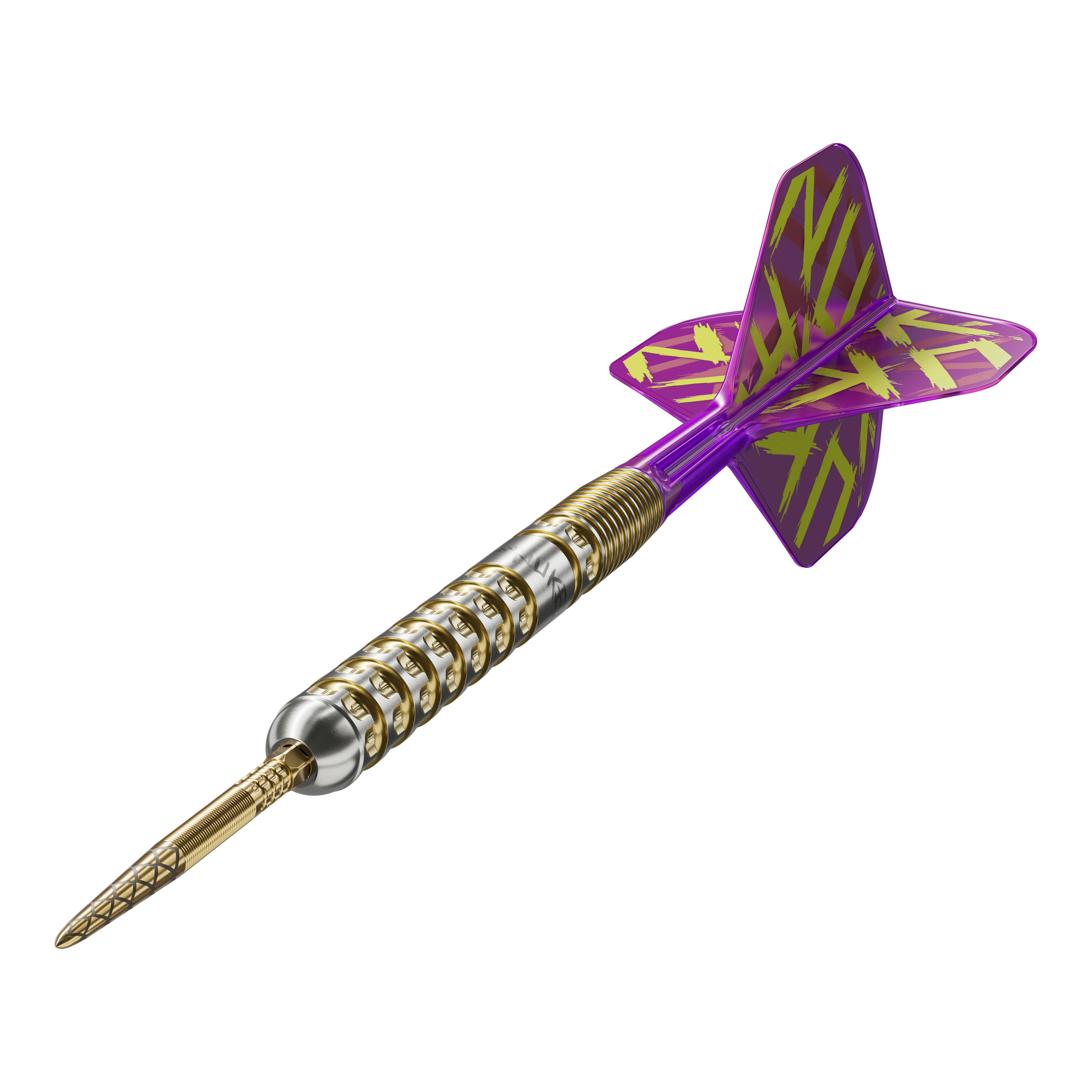Lotki stalowe Target Luke Littler GEN1 Prodigy Swiss Point Das Bild zeigt einen Target Luke Littler GEN1 Prodigy Swiss Point Steeldart. Der Dart hat einen gold-silbernen Schaft und lila Flights mit gelbem Muster.