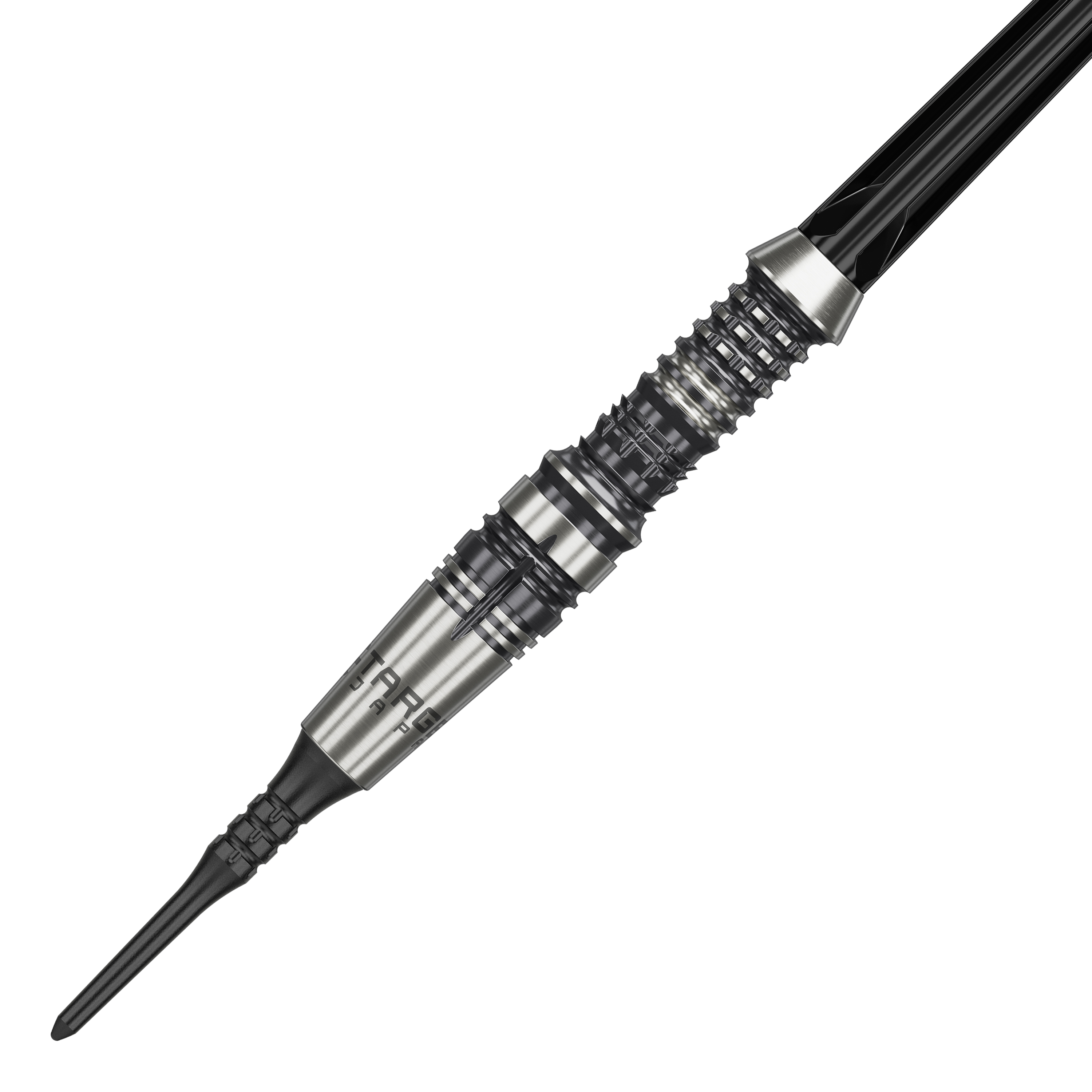 Das Bild zeigt einen Target Japan Black Marque Heracles Softdart mit einem Gewicht von 18g. Der Dartpfeil hat ein silbernes, fein geriffeltes Barrel und eine schwarze Spitze.