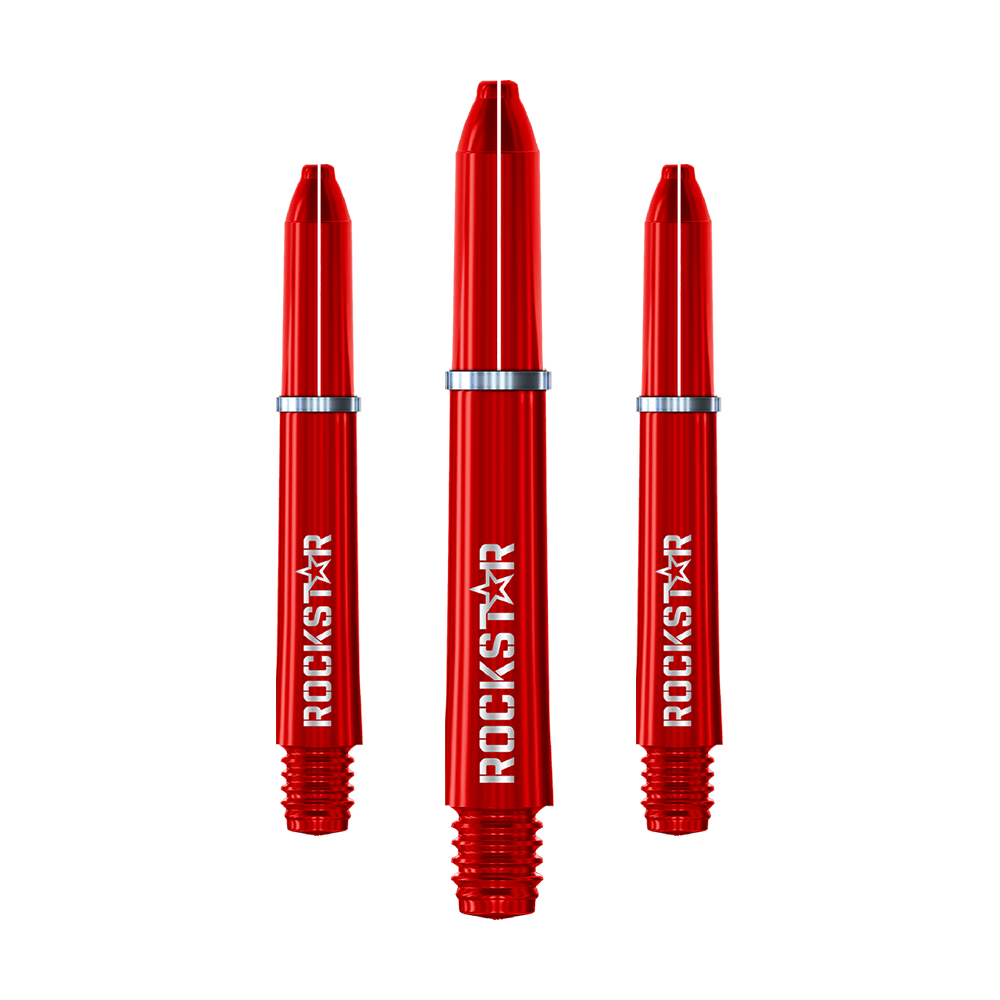 Winmau Joe Cullen Rockstar Nylonowe wałki Auf dem Bild sind drei rote Nylon-Dartschäfte mit der Aufschrift "ROCKSTAR" zu sehen. Sie haben silberne Ringe und sind nebeneinander angeordnet.
