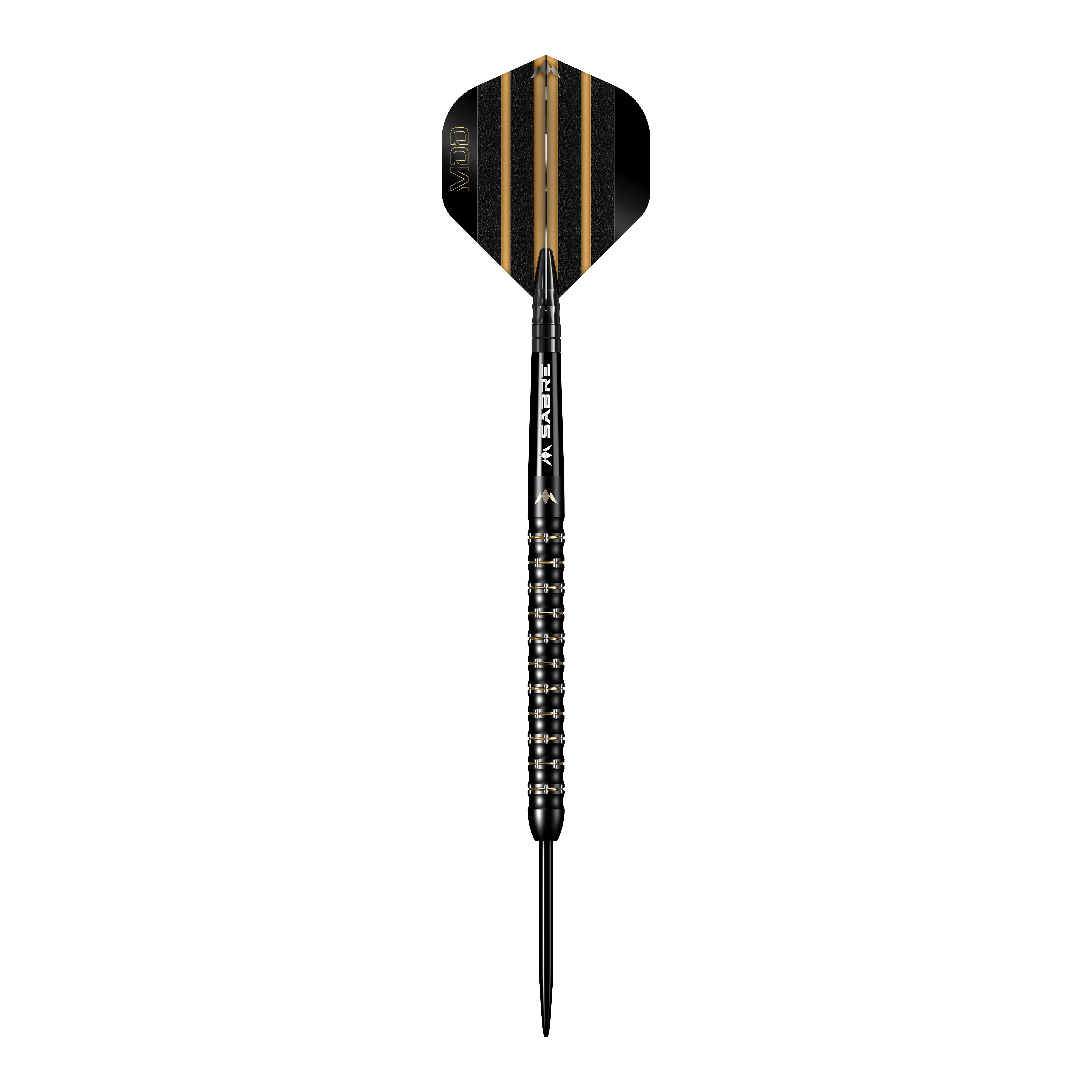 Das Bild zeigt einen schwarzen Steeldart mit goldenen Akzenten aus der Serie "Mission Mike De Decker MDD Black Gold". Der Dart hat ein modernes Design mit fein geriffeltem Griff und einer schwarz-goldenen Flight.