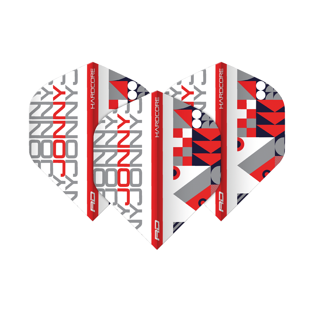 TF6663_Red_Dragon_Hardcore_Jonny_WhiteRed_Standard_Flights_15jsUwBYpz4DqC Das Bild zeigt die Red Dragon Hardcore Jonny White Red Standard Flights. Sie haben ein modernes Design in Rot, Weiß und Grau mit dem Schriftzug "JONNY" und grafischen Mustern.