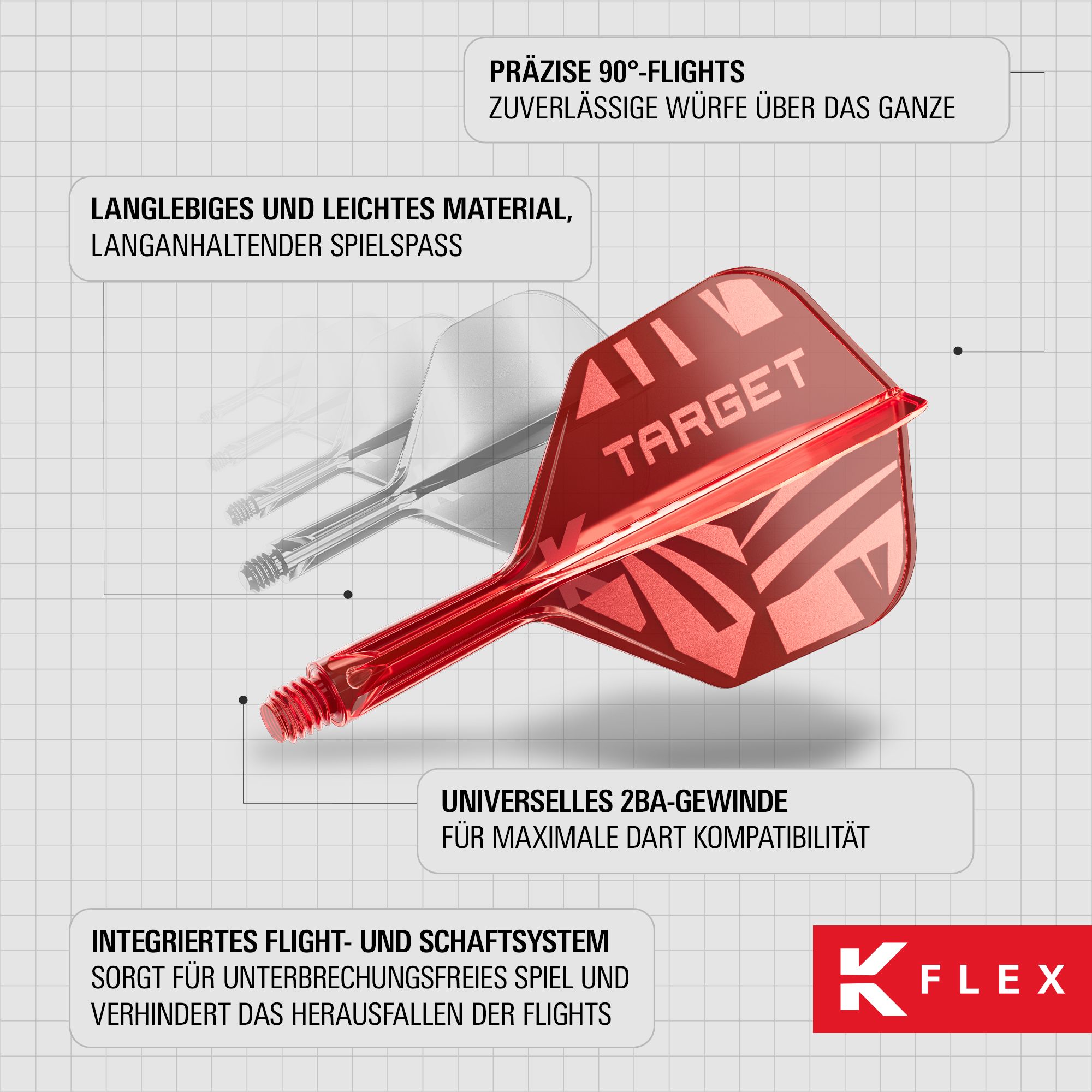 Lotki Target K-Flex Red No6 Das Bild zeigt die Target K-Flex Red No6 Flights. Diese roten Dartflights sind für Präzision und Stabilität bekannt.