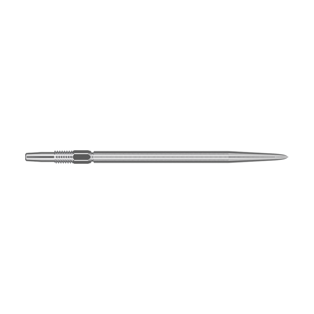 Końcówki do rzutek Target Swiss Point Nano Dart - srebrne Das Bild zeigt eine silberne Dartspitze mit feiner Riffelung. Sie ist lang und schlank gestaltet und besitzt präzise eingearbeitete Details.