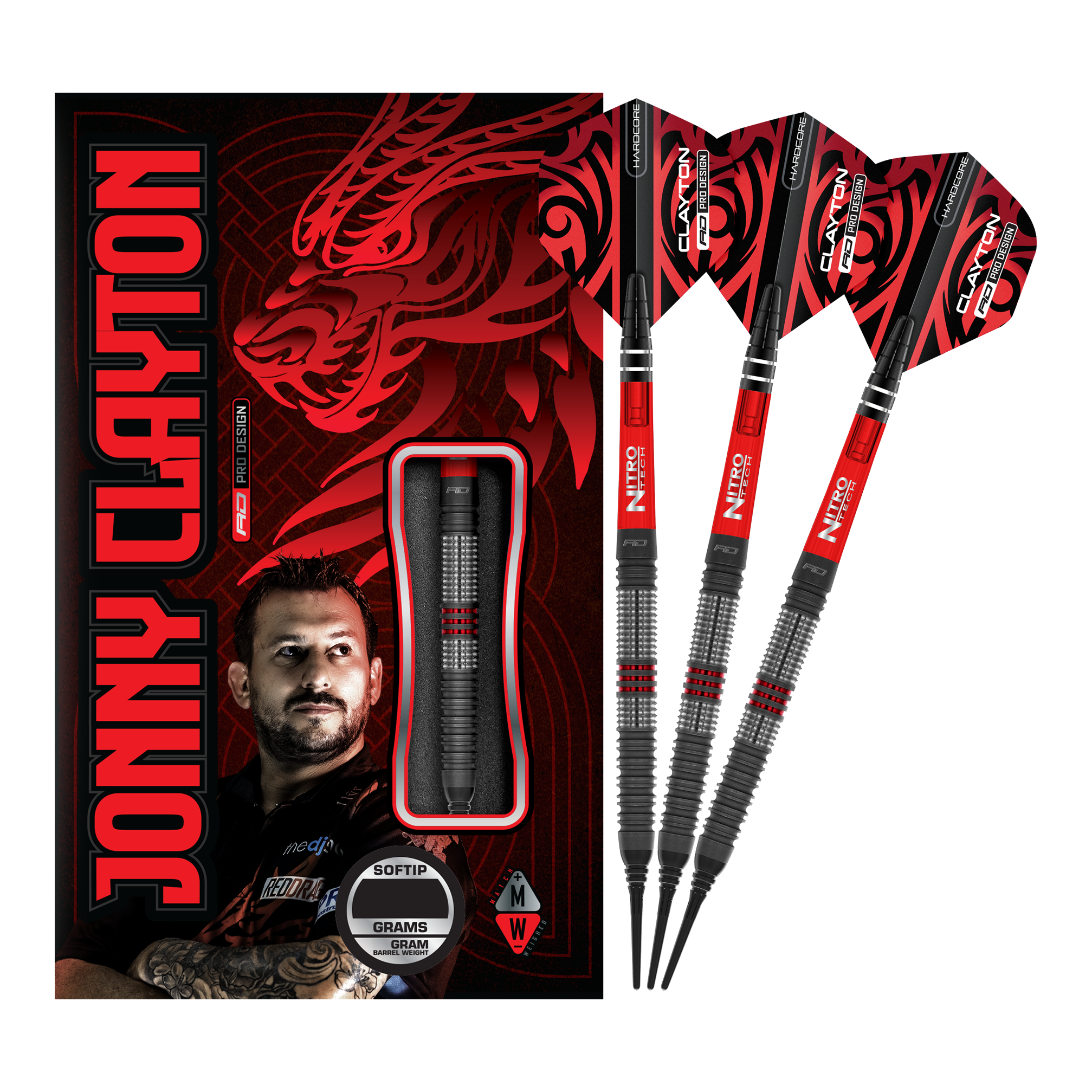Miękkie rzutki Red Dragon Jonny Clayton Hiraeth - 20g Das Bild zeigt das Produkt „Red Dragon Jonny Clayton Hiraeth Softdarts - 20g“ mit drei roten und schwarzen Softdarts neben der Verpackung. Auf der Verpackung ist ein Porträt von Jonny Clayton sowie ein roter Drachen zu sehen.