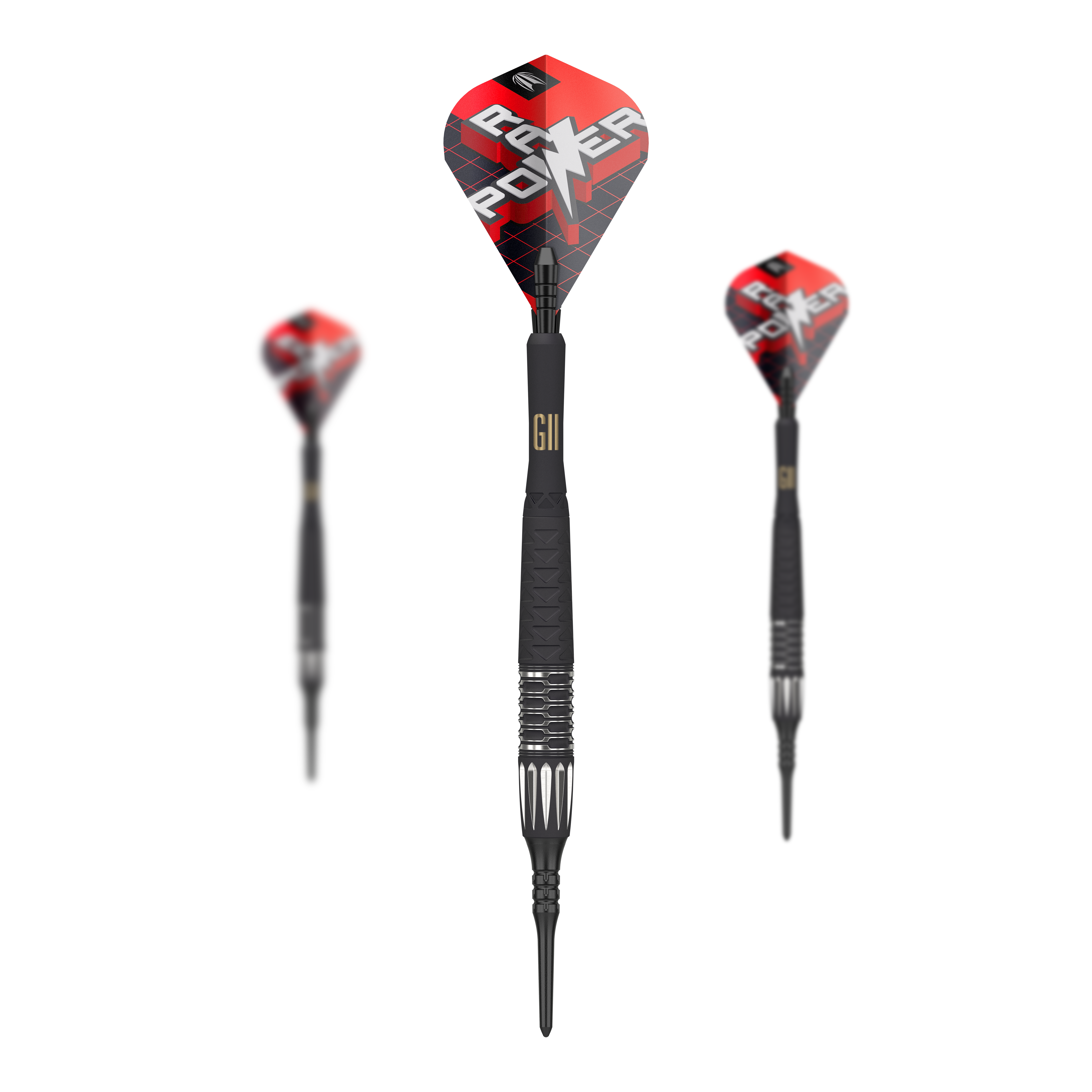 Das Bild zeigt drei Softdarts des Modells "Target Phil Taylor RAW Power 9Five GEN11". Die Darts haben schwarze Spitzen und rote Flights mit der Aufschrift "RAW POWER".