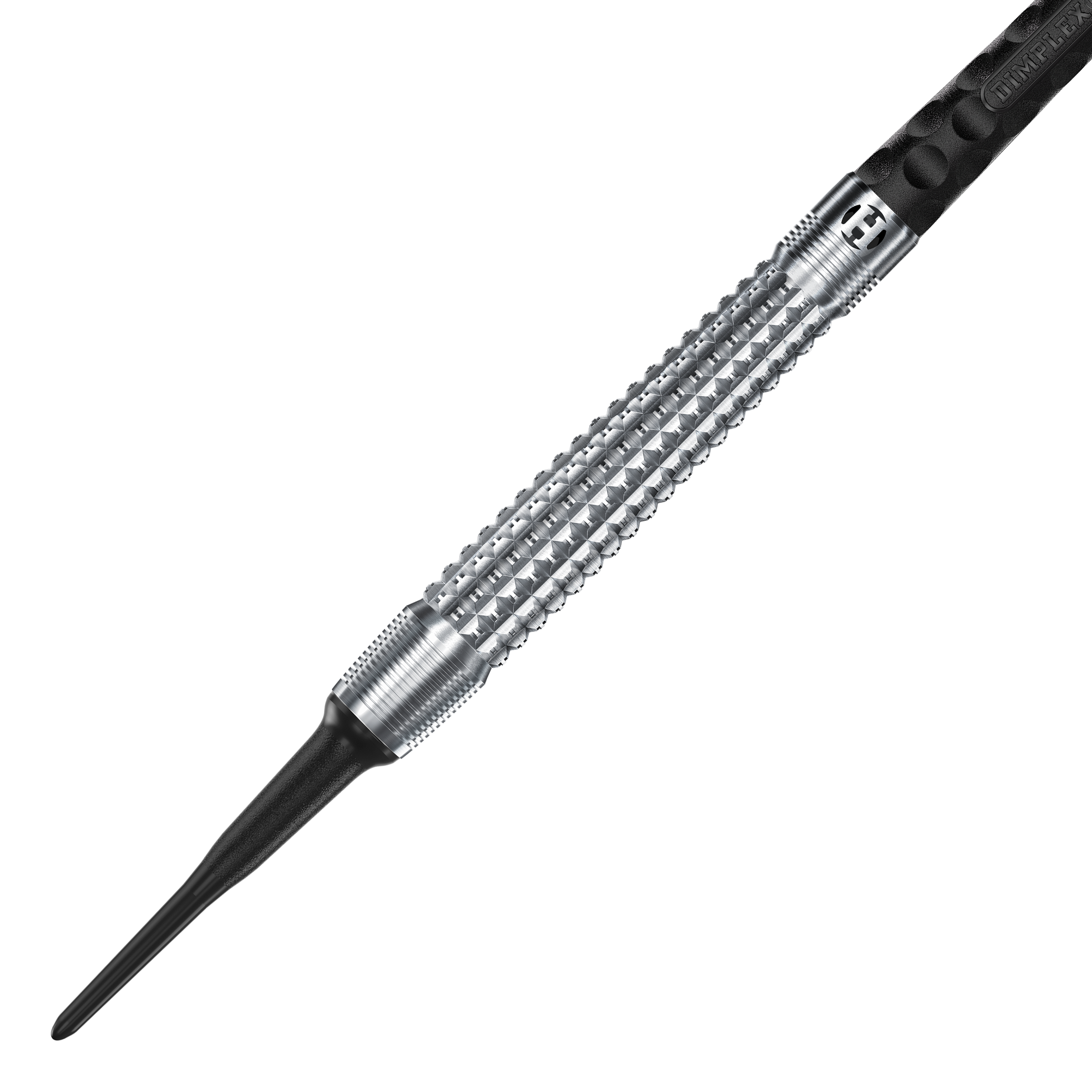 Harrows Dimplex S3 Tapered Soft Darts Das Bild zeigt einen Harrows Dimplex S3 Tapered Softdart. Der Dartpfeil hat eine silberne, geriffelte Metallspitze und einen schwarzen Schaft.