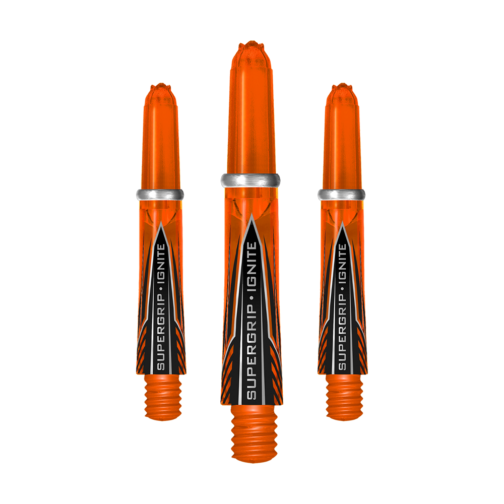 Das Bild zeigt drei orangefarbene Harrows Supergrip Ignite Shafts. Sie haben ein modernes Design mit schwarzer und silberner Beschriftung.