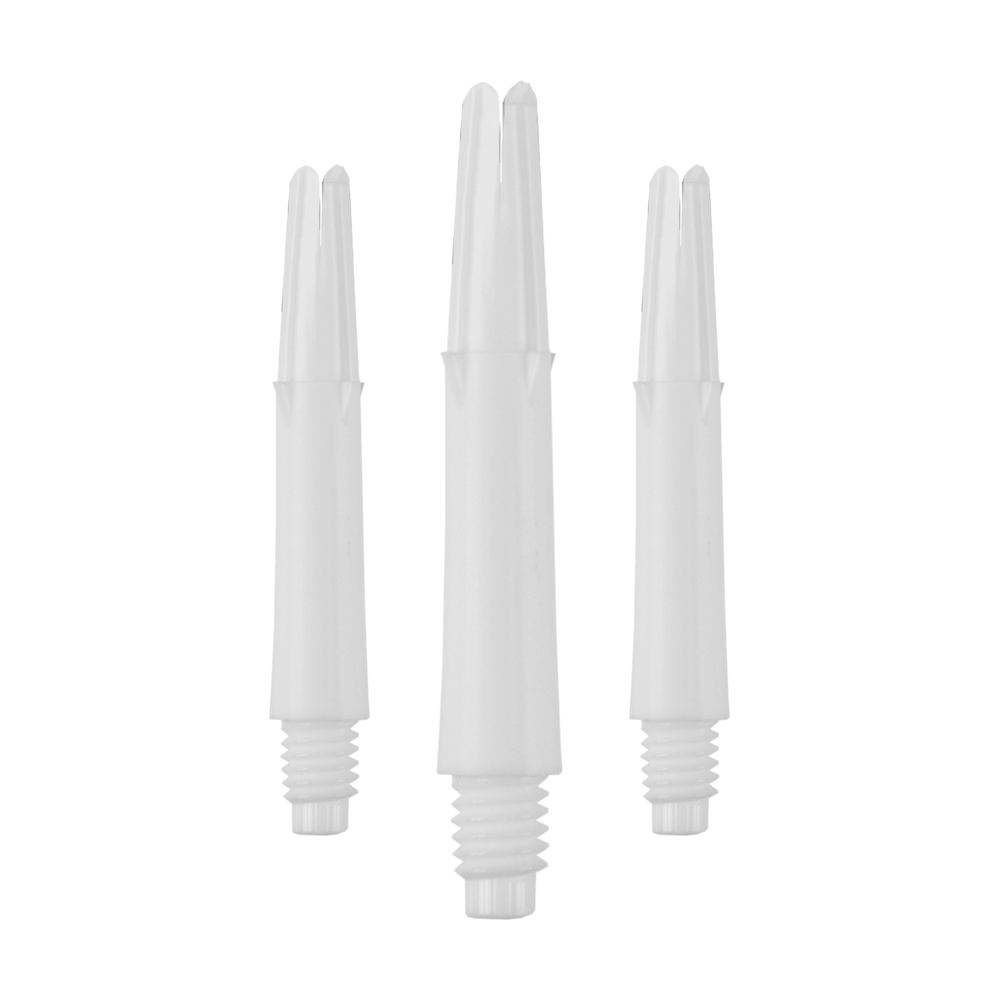 Wałki L-L-Style-Shafts blokowane proste - białe Auf dem Bild sind drei weiße, gerade Dartschäfte ohne Kappen zu sehen. Sie sind nebeneinander in aufrechter Position angeordnet.