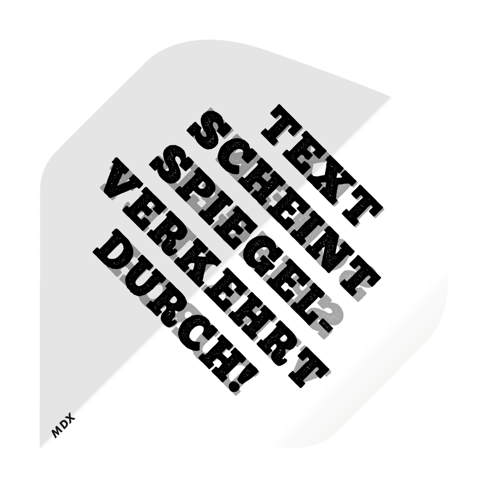Das Bild zeigt ein bedrucktes Dart Flight mit schwarzem Text auf weißem Hintergrund. Der Text sagt: "TEXT SCHEINT SPIEGELVERKEHRT DURCH!"