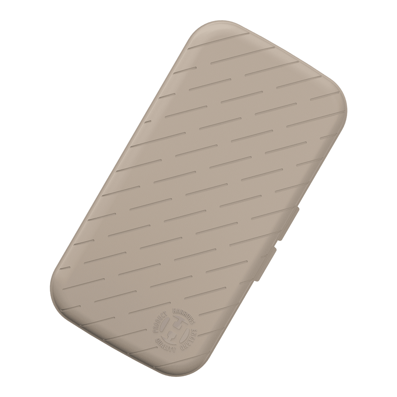 Etui na lotki Harrows Slimcase Die Abbildung zeigt ein schlankes Dart-Etui in steingrauer Farbe. Die Oberfläche ist mit schrägen Linien und einem geprägten Logo verziert.