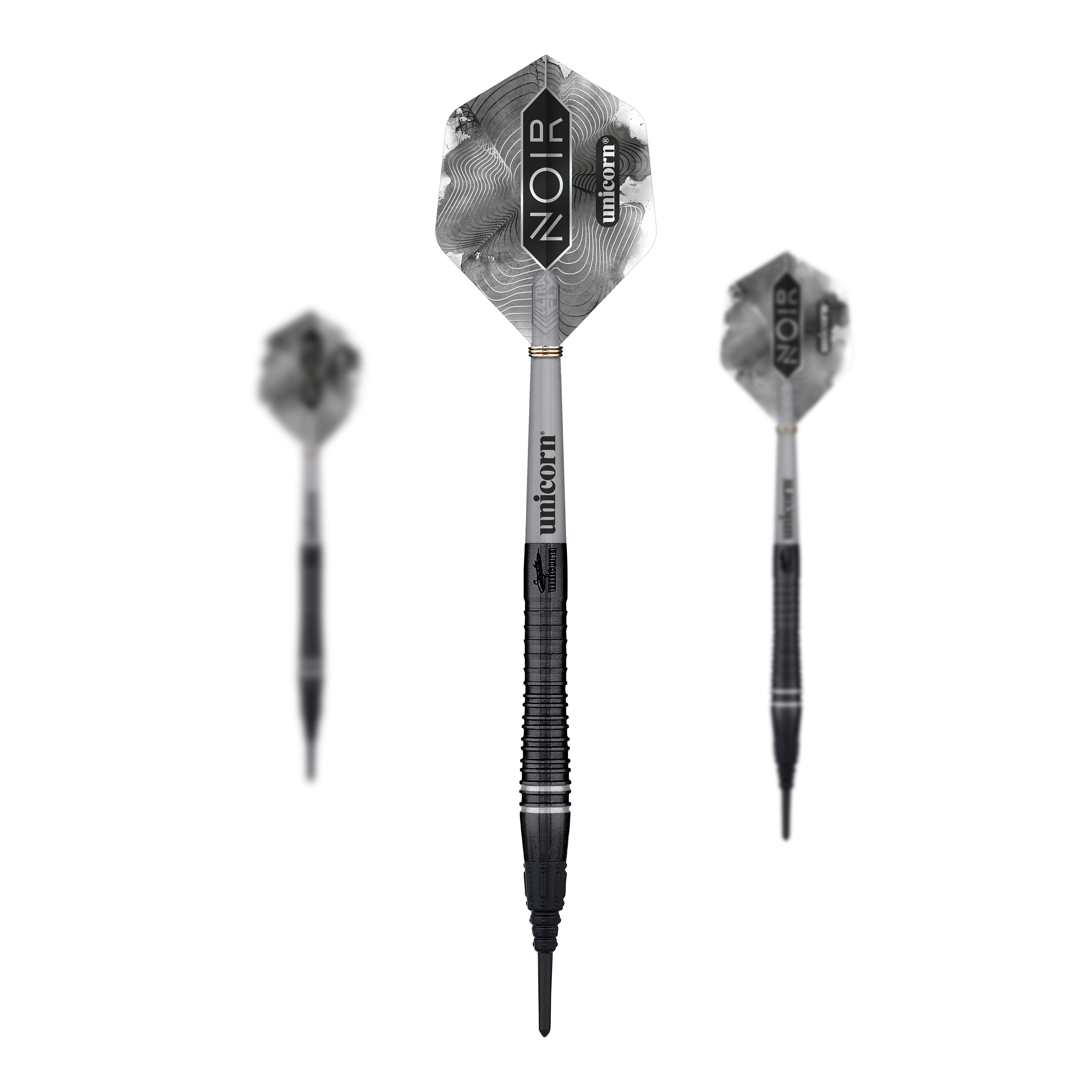 Mistrz Świata Jednorożców Gary Anderson Noir Phase 6 Soft Darts Das Bild zeigt drei stilvolle Softdarts der Marke Unicorn in schwarzem Design. Auf den Flights steht "NOIR" und "Unicorn", und es handelt sich um das Modell "World Champion Gary Anderson Noir Phase 6".