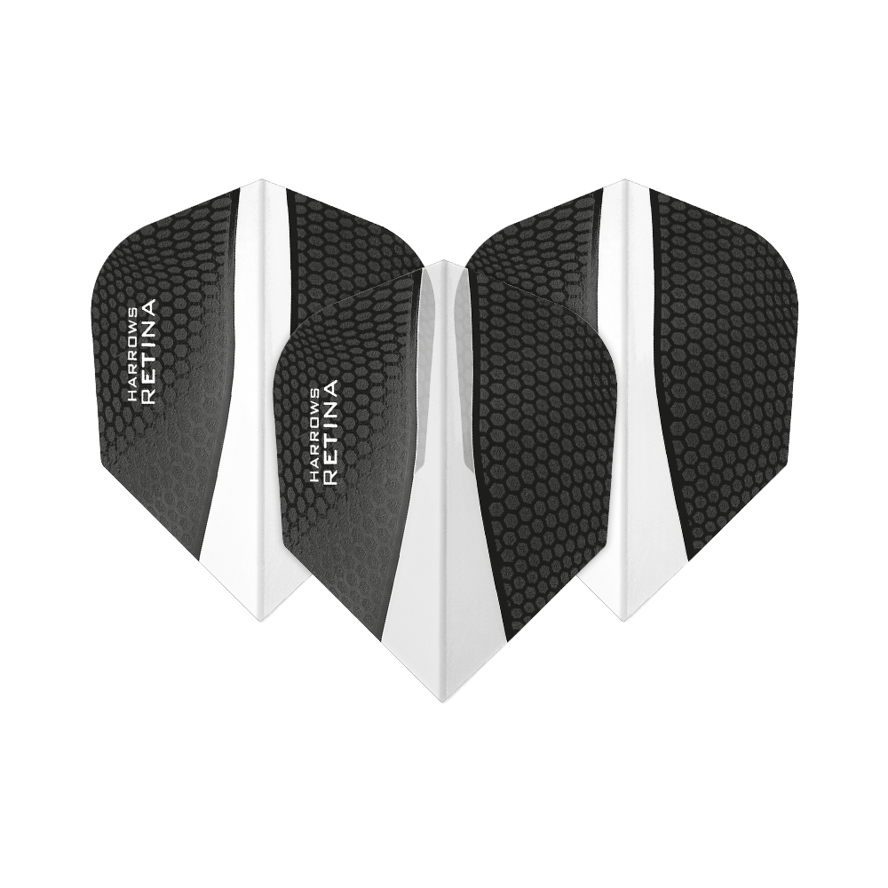 HR65_Harrows_Retina_Transparent_No2_Standard_Flights_10pvKYJFU3VUkD Das Bild zeigt drei schwarze Dartflights der Marke "Harrows Retina Transparent No6". Die Flights haben ein Wabenmuster und einen transparenten Mittelstreifen.