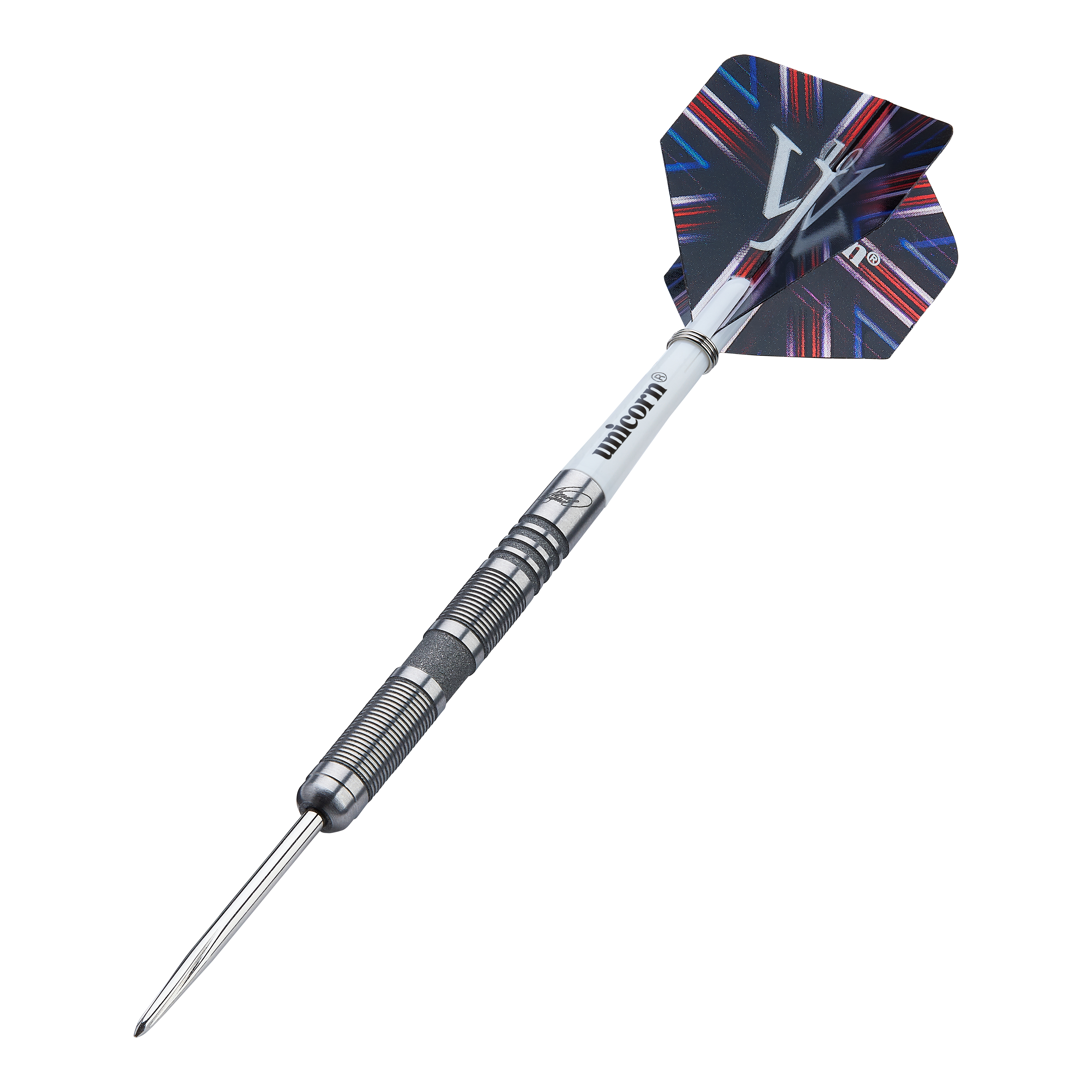 Unicorn James Wade The Machine Range Phase 4 Steeldarts Auf dem Bild ist ein Steeldart der Marke Unicorn aus der James Wade The Machine Range Phase 4 zu sehen. Der Dart hat ein silbernes, geriffeltes Barrel und einen schwarz-blauen Flight mit auffälligem Muster.