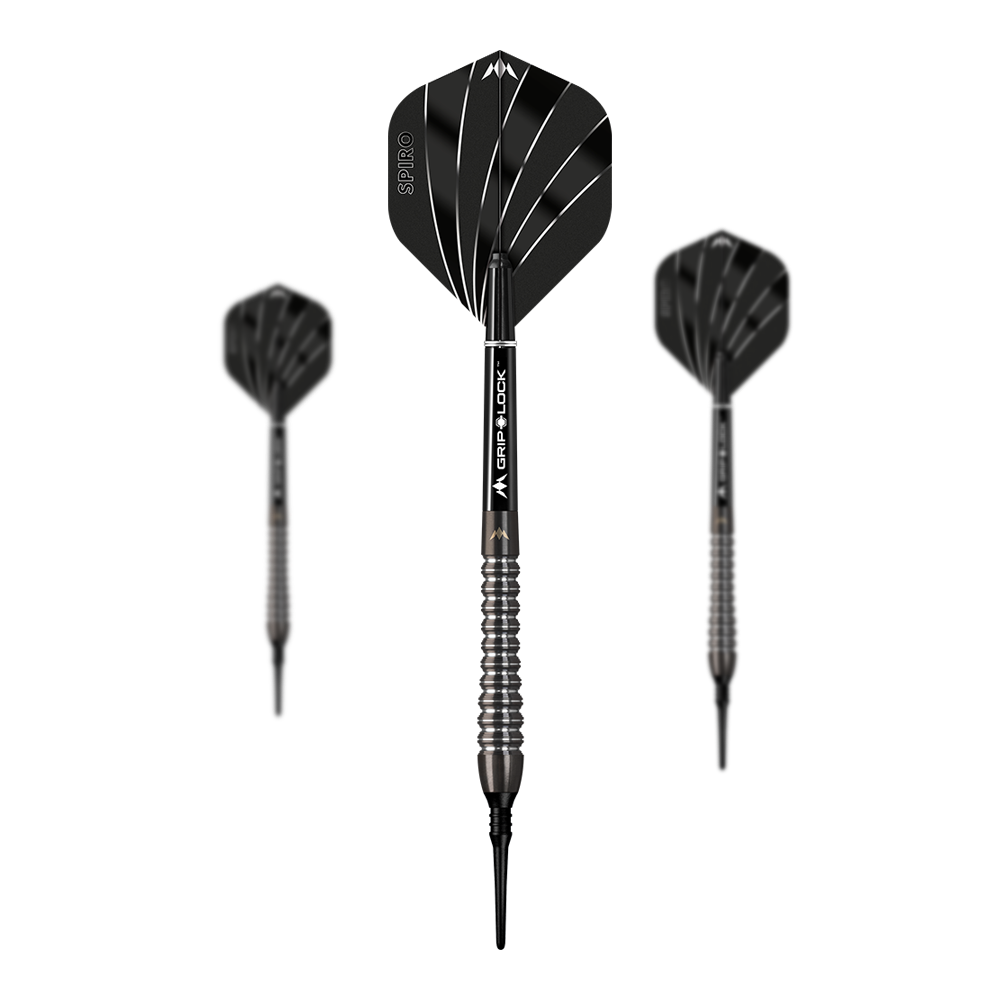 Das Bild zeigt die Mission Spiro Model 2 Softdarts mit einem Gewicht von 19 Gramm. Die Darts haben schwarze Flights mit weißen Linien und ein geriffeltes Griffstück.